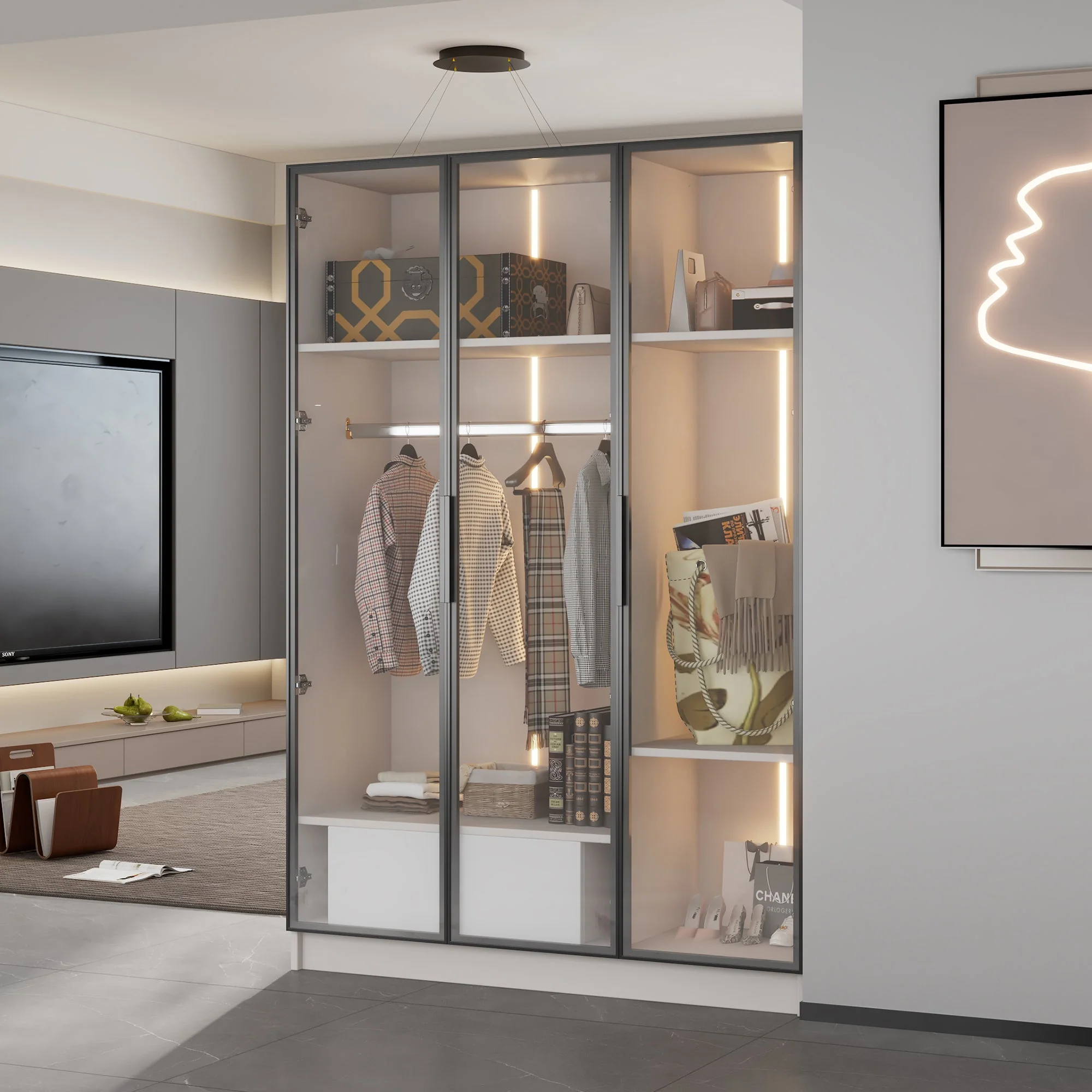 Wardrobe, 3 Glass Doors, 1 Drawer, 1 Clothes Rail, 110x50x160 cm, White with LED Light - Image 3