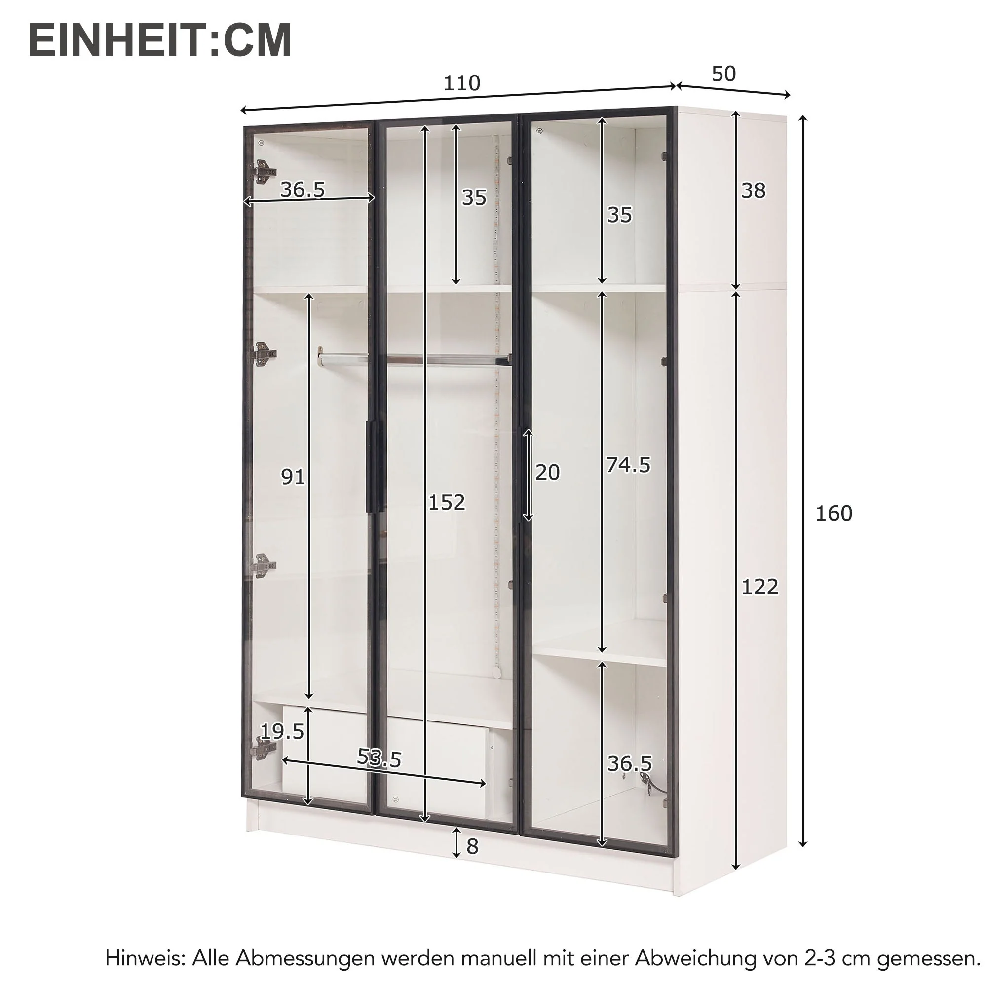 Wardrobe, 3 Glass Doors, 1 Drawer, 1 Clothes Rail, 110x50x160 cm, White with LED Light - Image 5