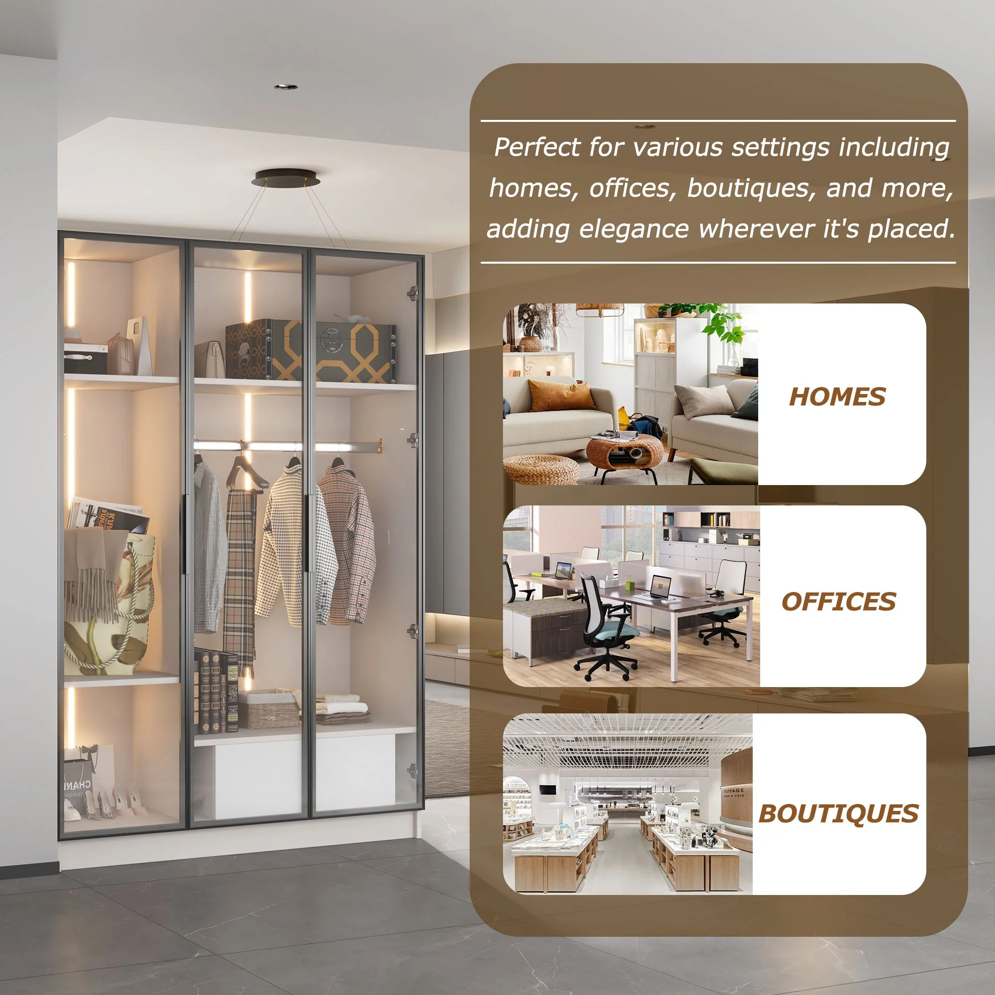 Wardrobe, 3 Glass Doors, 1 Drawer, 1 Clothes Rail, 110x50x160 cm, White with LED Light - Image 6