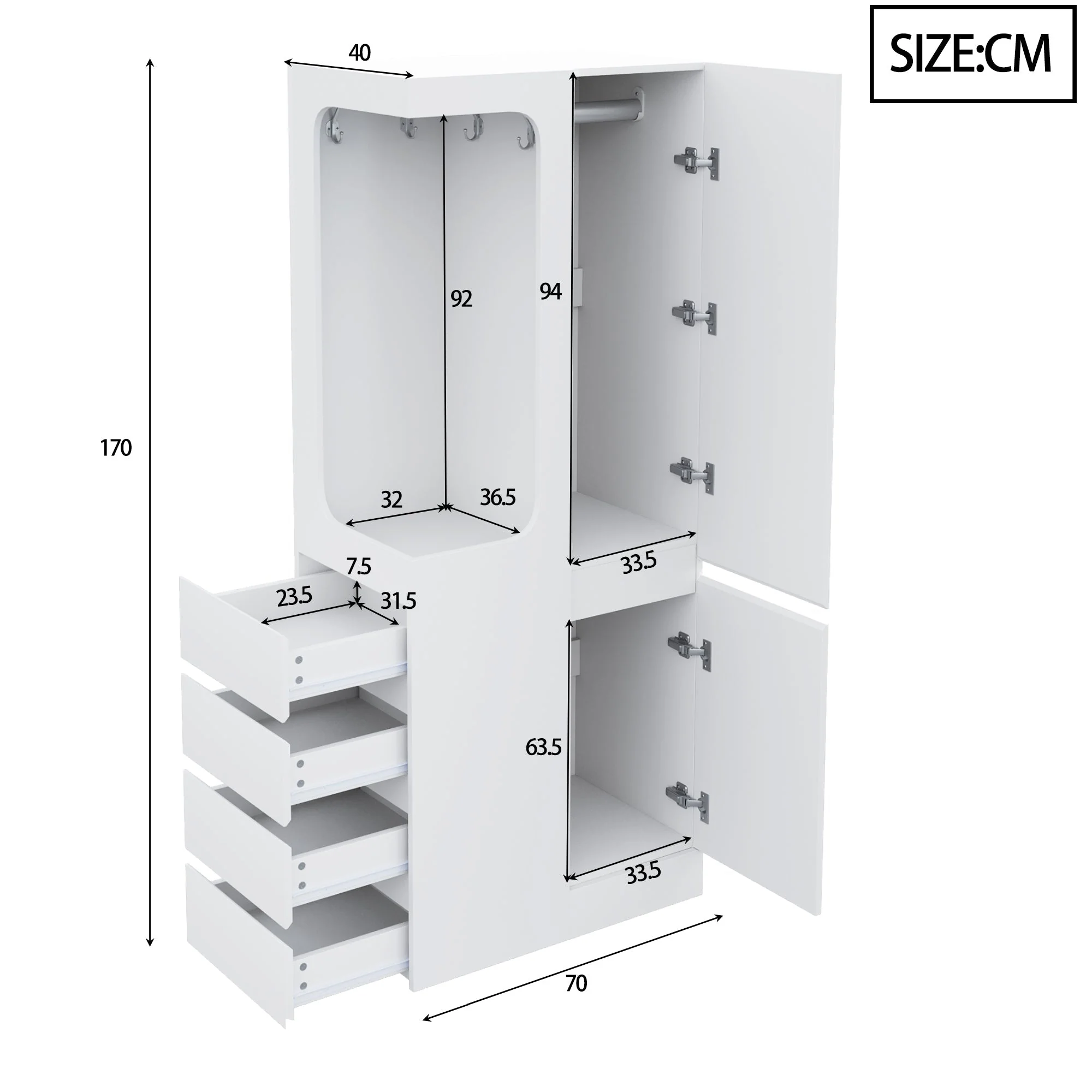 Wardrobe 70x40x170cm Drawers Storage Open Area Single Door, White - Image 4