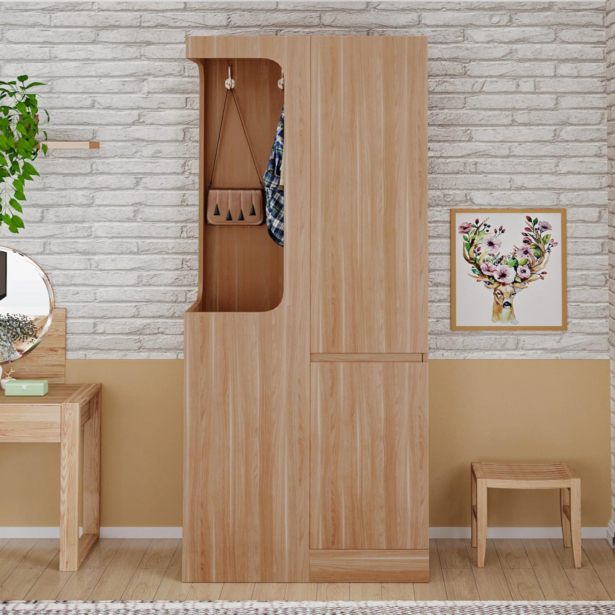 Wardrobe 70x40x170cm Drawers Storage Single Door, Wood Color - Image 3