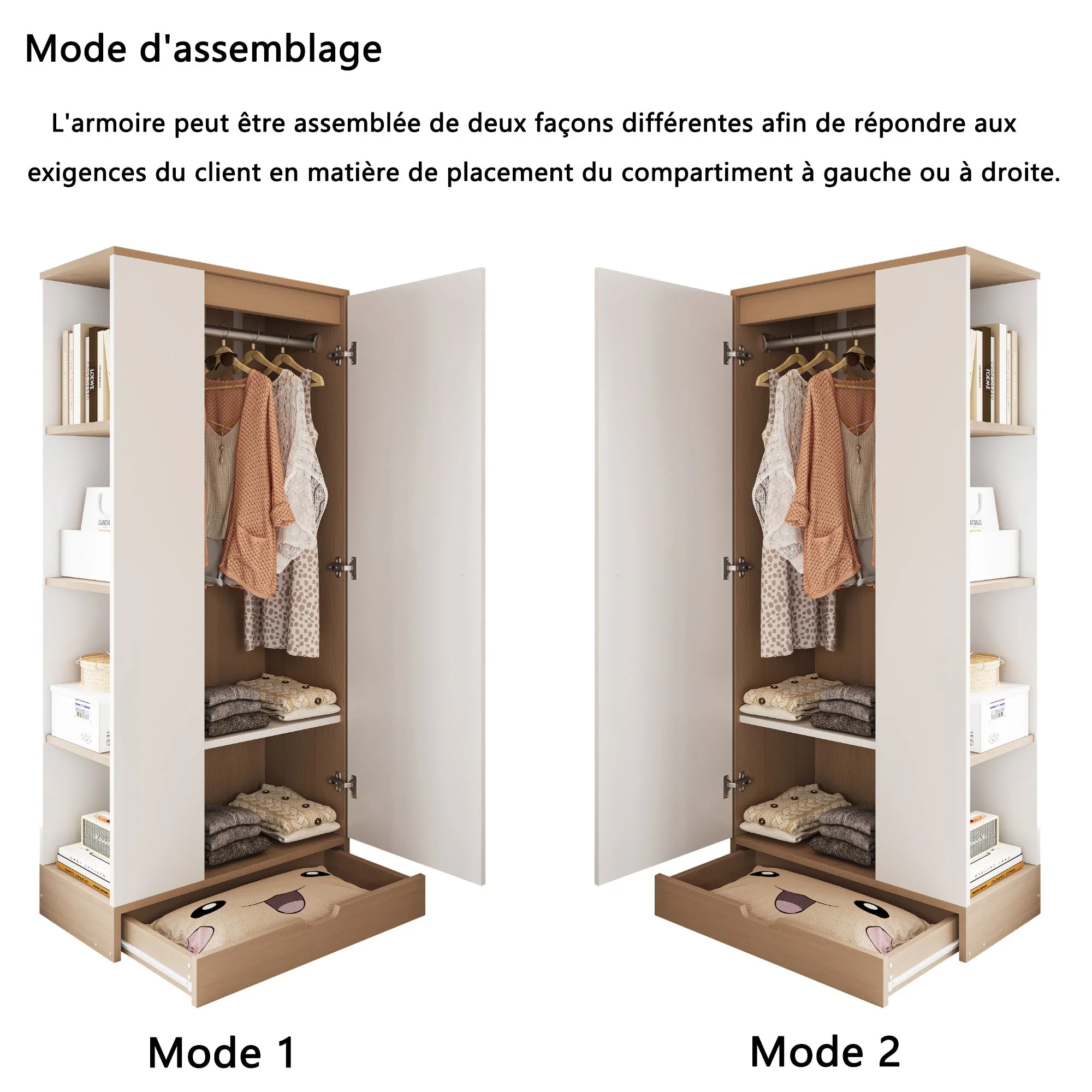 Wardrobe 70x40x170cm Single Door with Shelves and Drawers, Natural Wood/White - Image 7