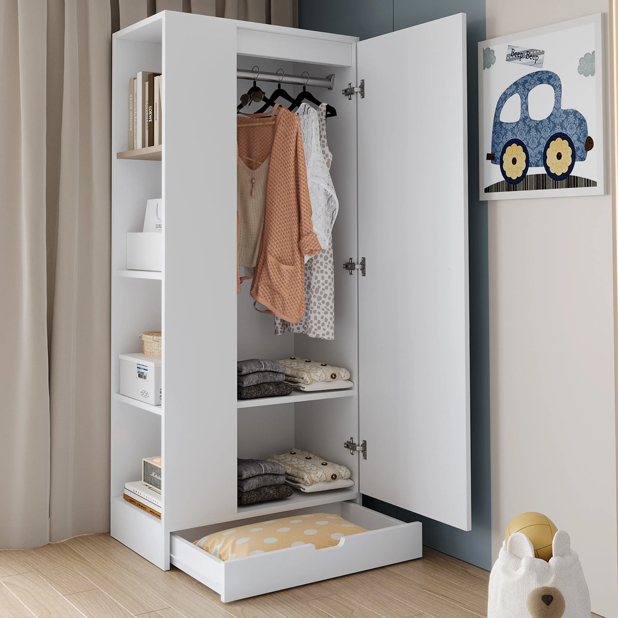 Wardrobe 70x40x170cm Single-Door with Shelves and Drawers, Pure White