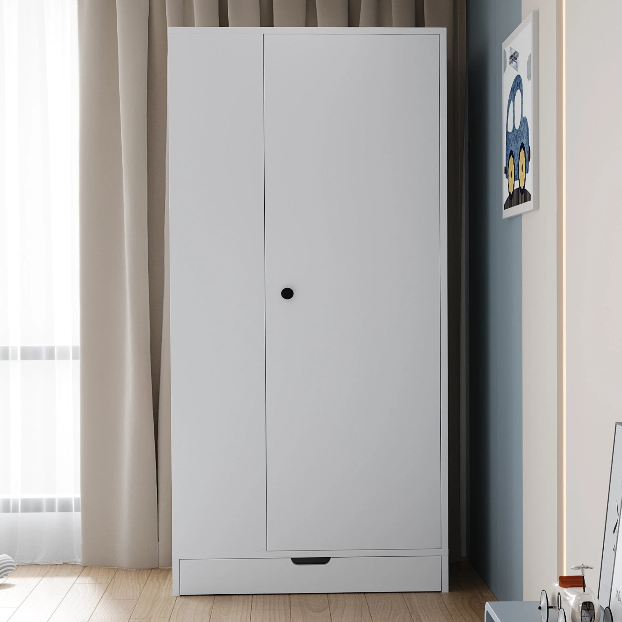 Wardrobe 70x40x170cm Single-Door with Shelves and Drawers, Pure White - Image 3