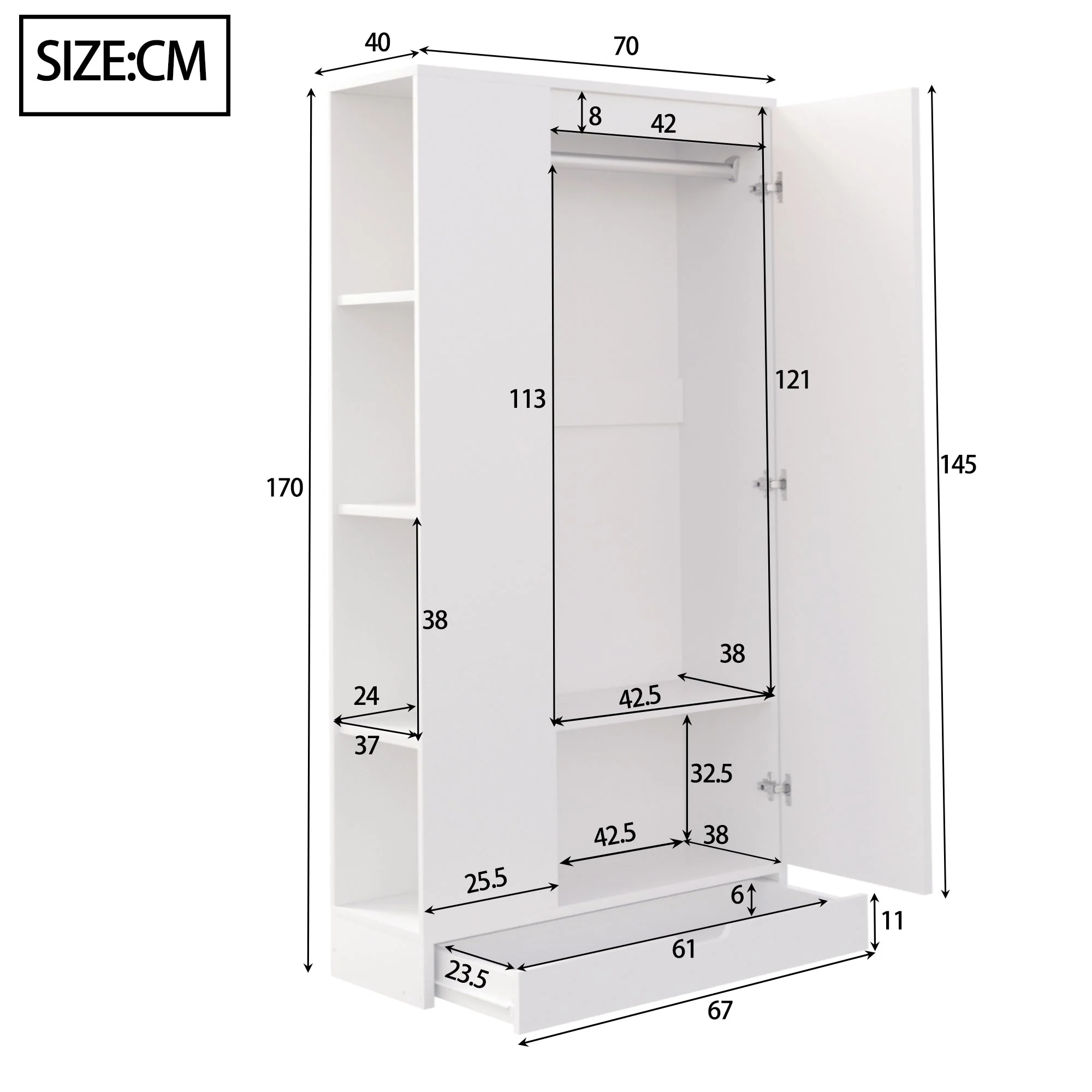 Wardrobe 70x40x170cm Single-Door with Shelves and Drawers, Pure White - Image 4