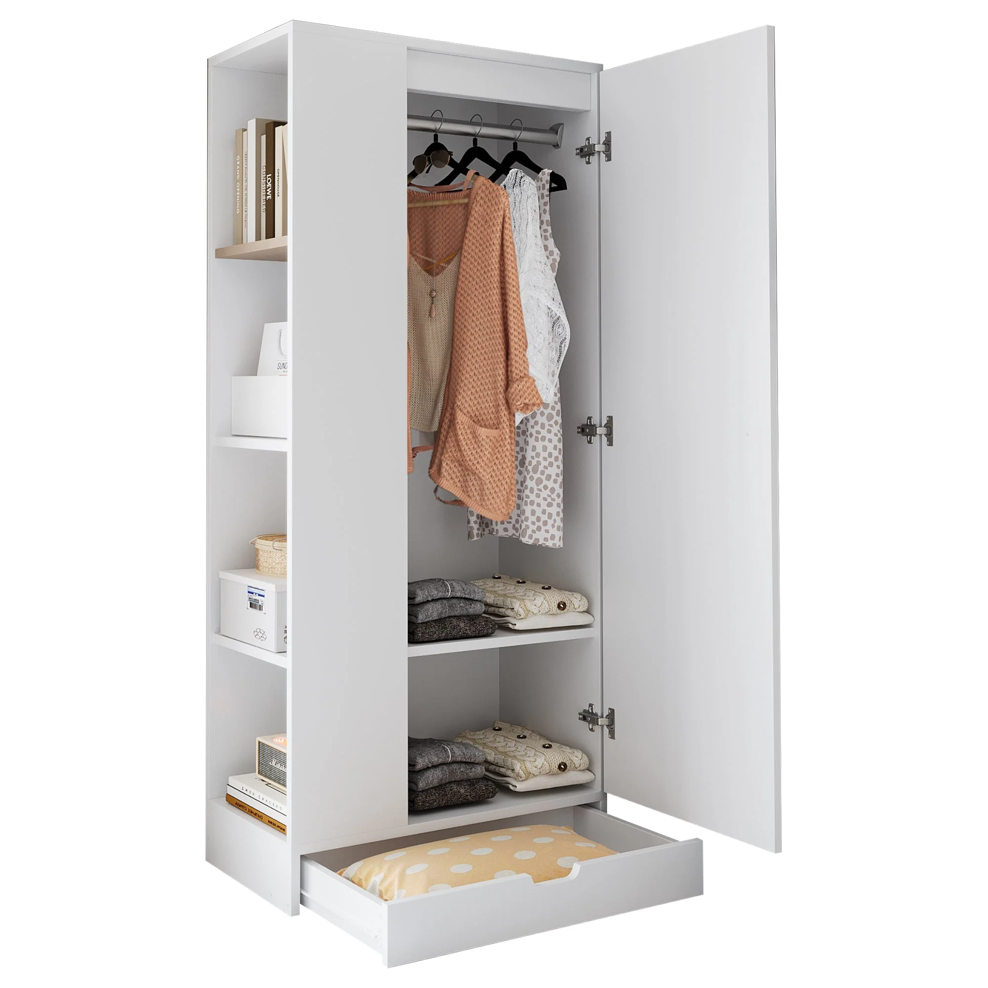 Wardrobe 70x40x170cm Single-Door with Shelves and Drawers, Pure White - Image 5