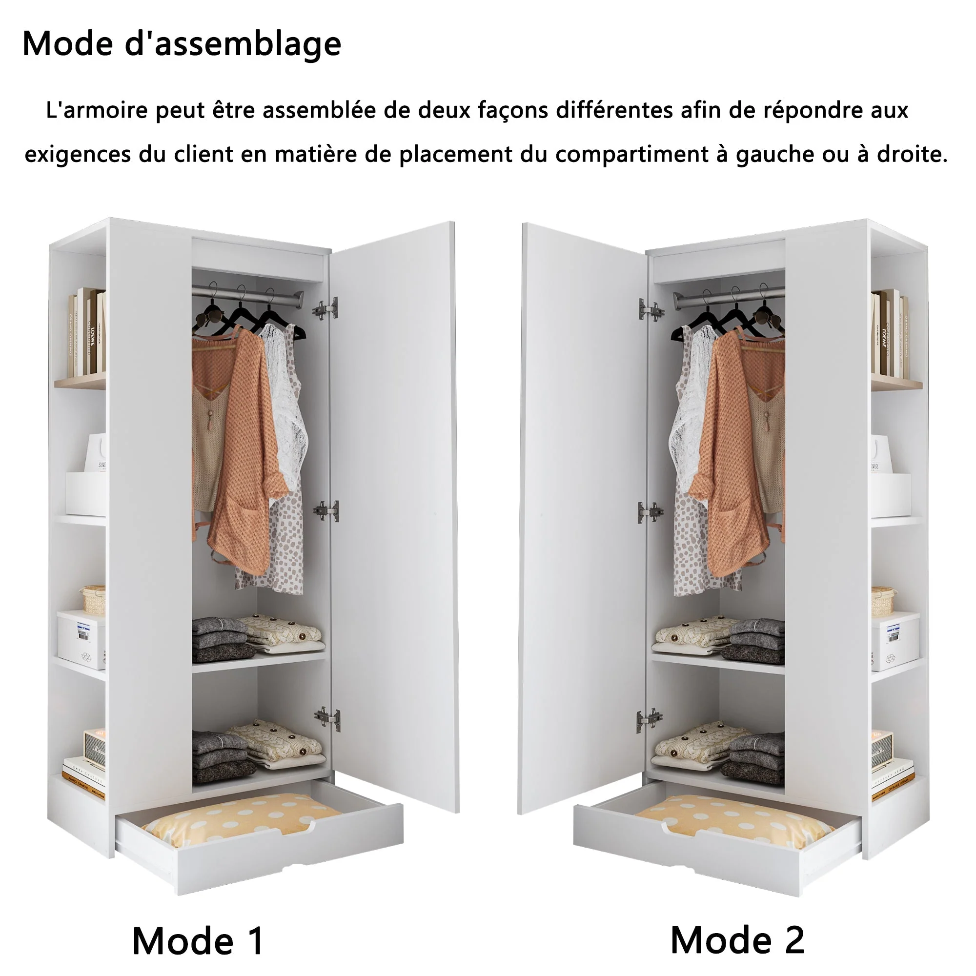 Wardrobe 70x40x170cm Single-Door with Shelves and Drawers, Pure White - Image 7