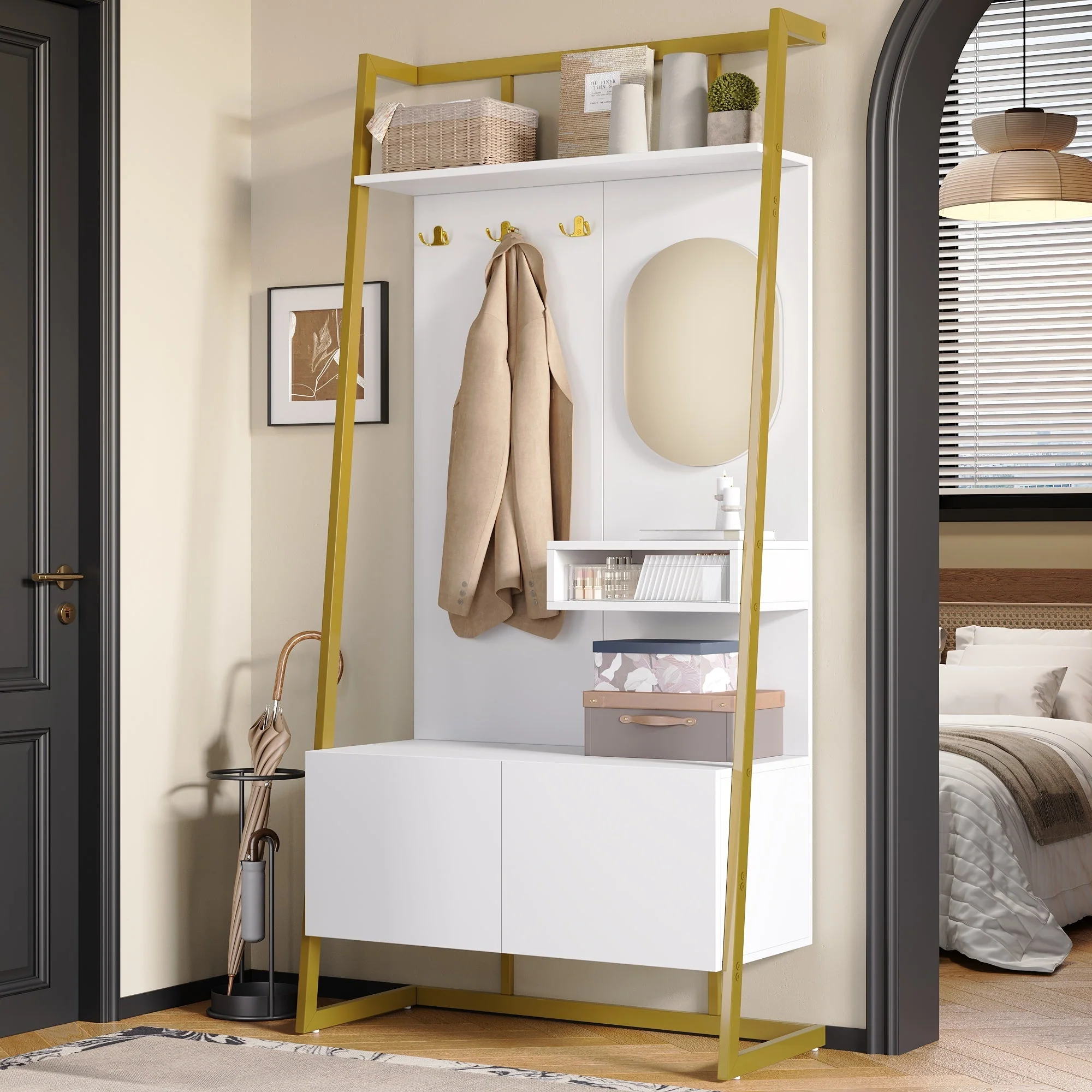 Wardrobe, Compact Multifunctional Storage with Mirror, Hooks & Shoe Bench - Image 8