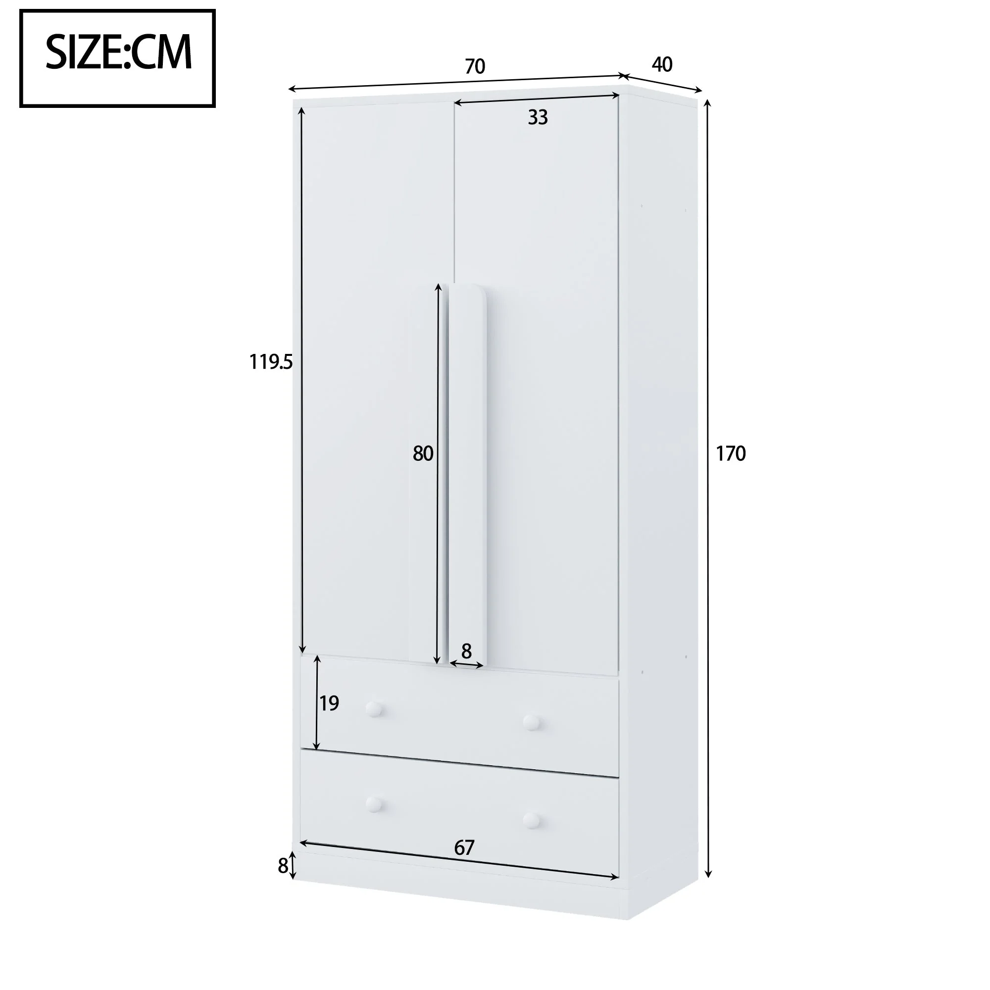 Wardrobe Double Door Drawers Storage 70x40x170cm, White - Image 5