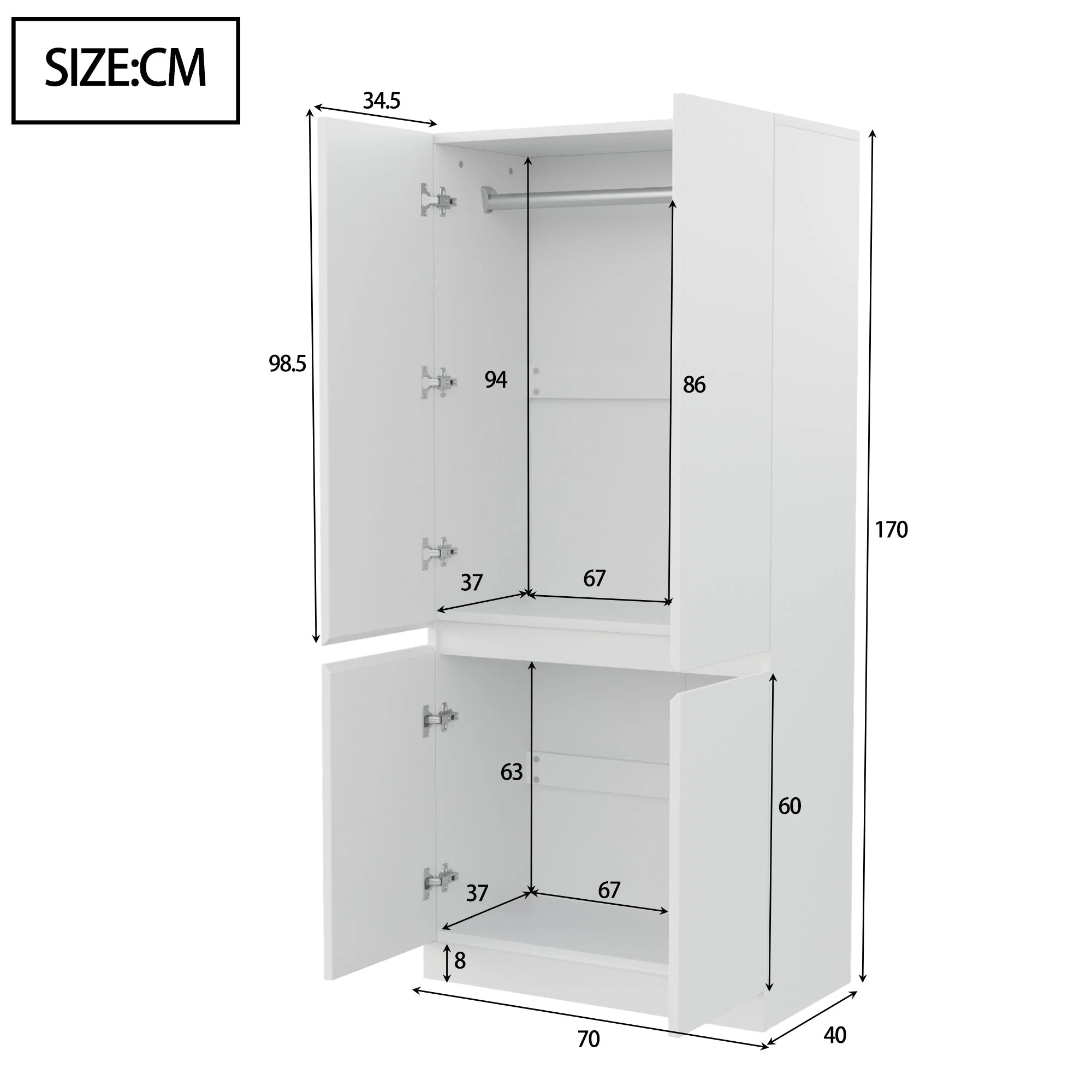 Wardrobe Double Door Large Storage 70x40x170cm, White - Image 5