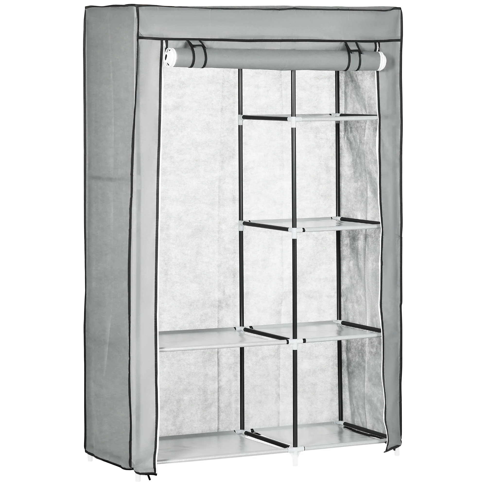 Wardrobe Fabric, 6 Compartments, Foldable, Grey