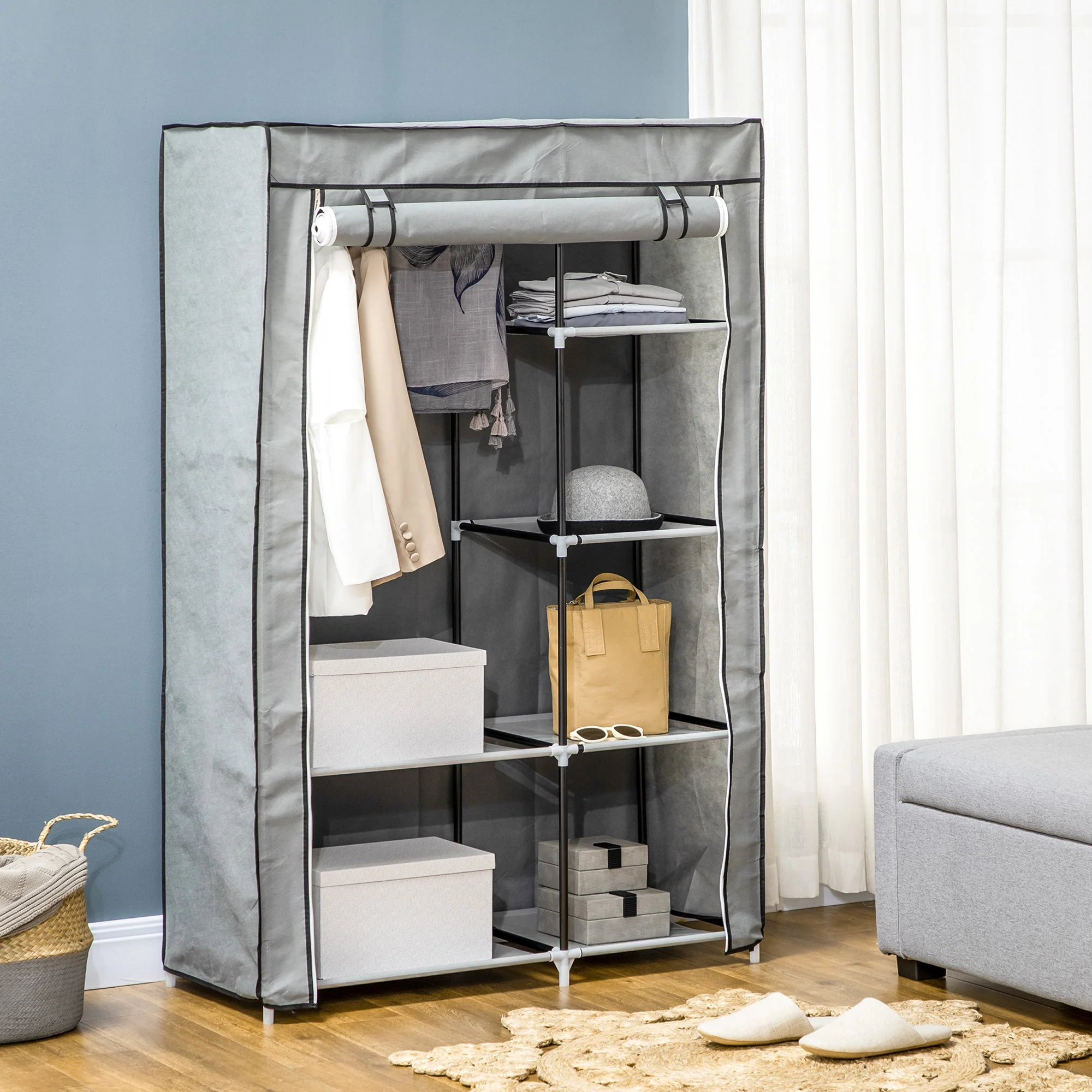 Wardrobe Fabric, 6 Compartments, Foldable, Grey - Image 2