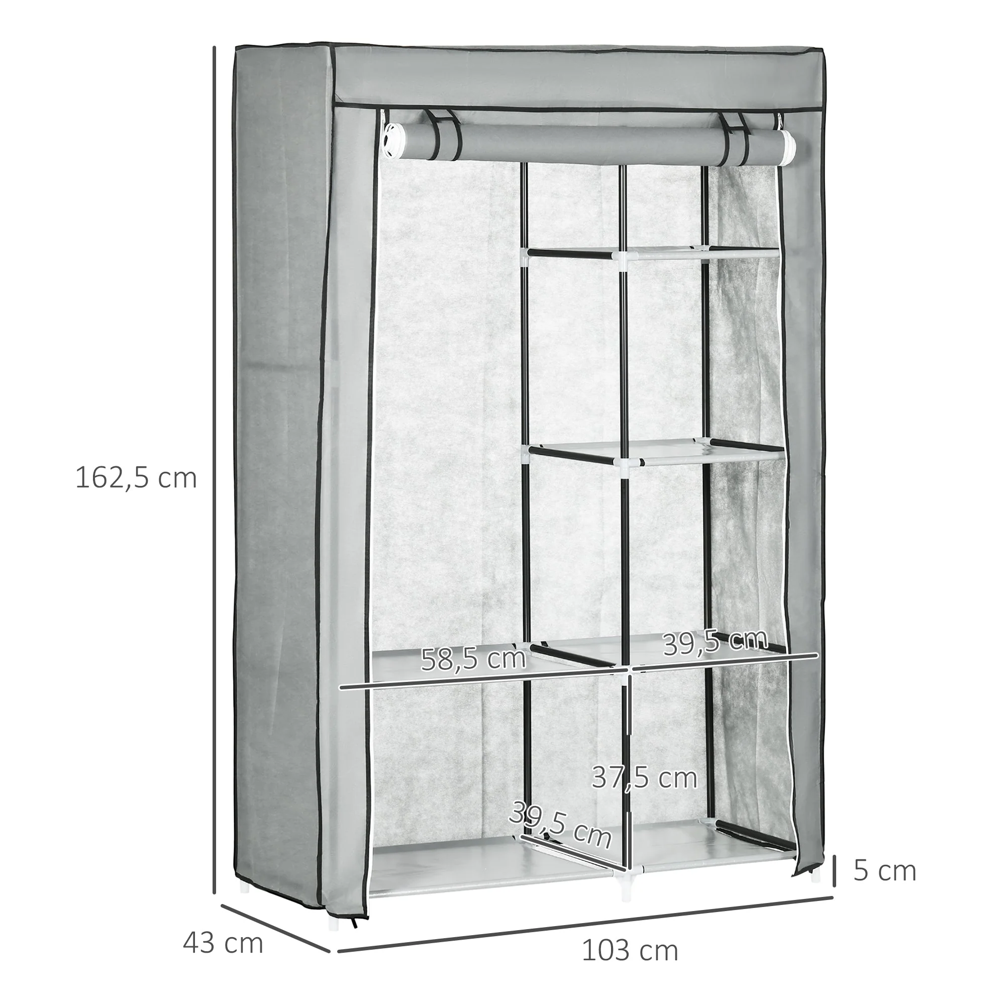 Wardrobe Fabric, 6 Compartments, Foldable, Grey - Image 3