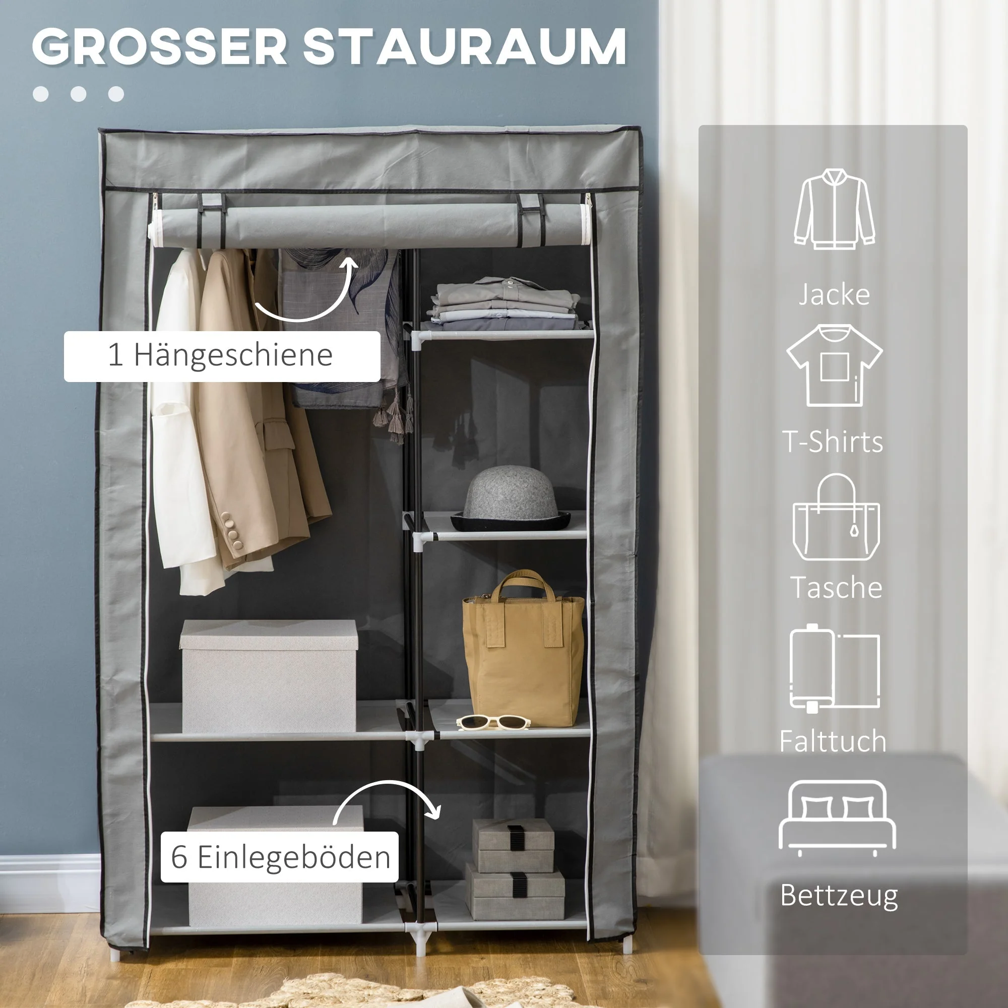 Wardrobe Fabric, 6 Compartments, Foldable, Grey - Image 4
