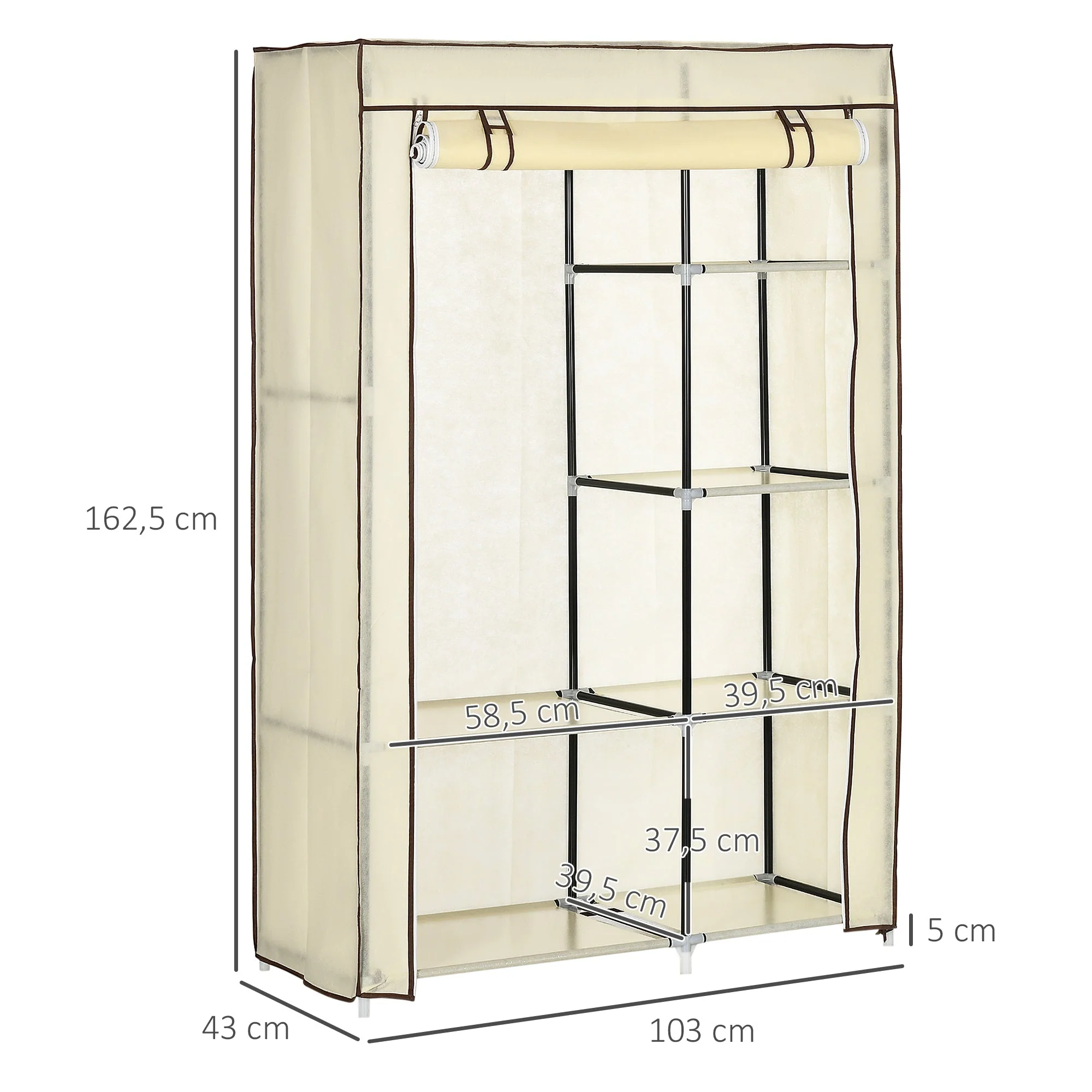 Wardrobe Foldable, 2 Clothes Rails & 6 Compartments, Fabric Cream - Image 3