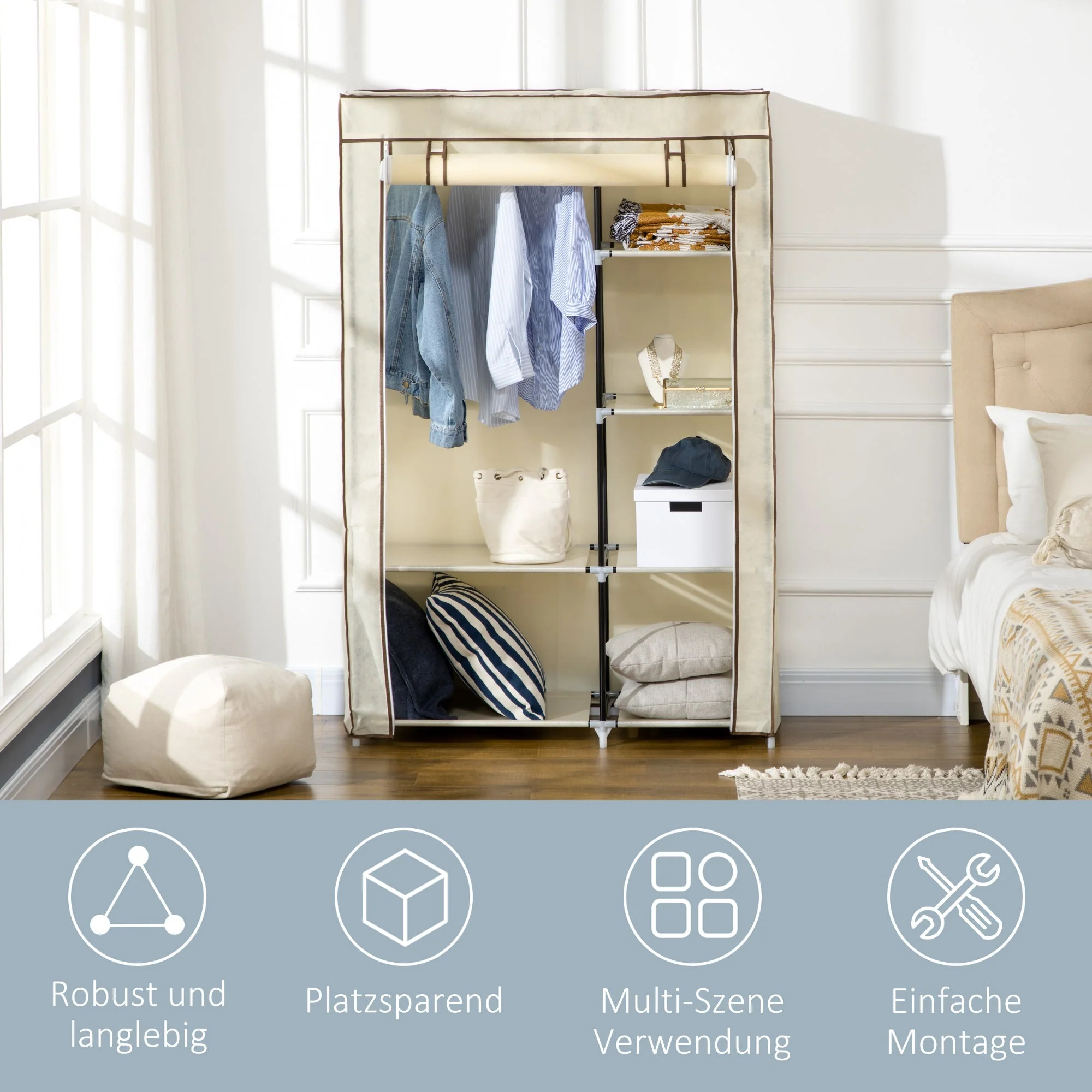 Wardrobe Foldable, 2 Clothes Rails & 6 Compartments, Fabric Cream - Image 6