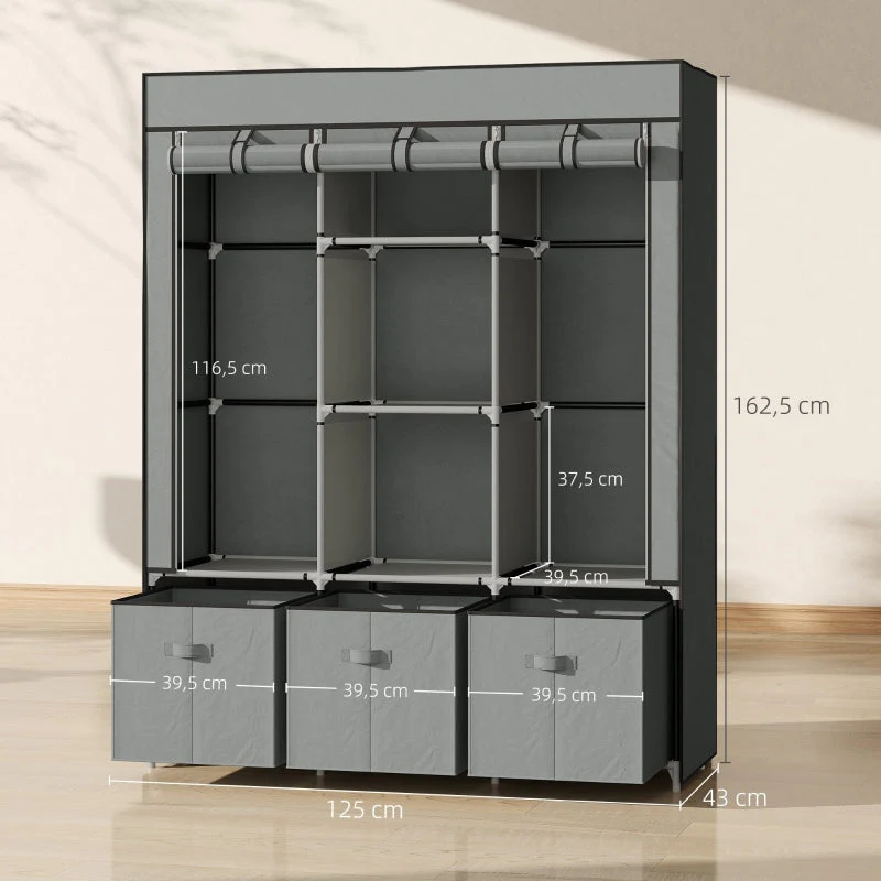 Wardrobe Folding Fabric with Clothes Rail Drawers Zipper, Light Grey - Image 3