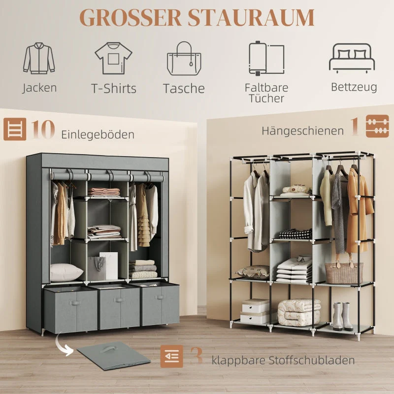 Wardrobe Folding Fabric with Clothes Rail Drawers Zipper, Light Grey - Image 4