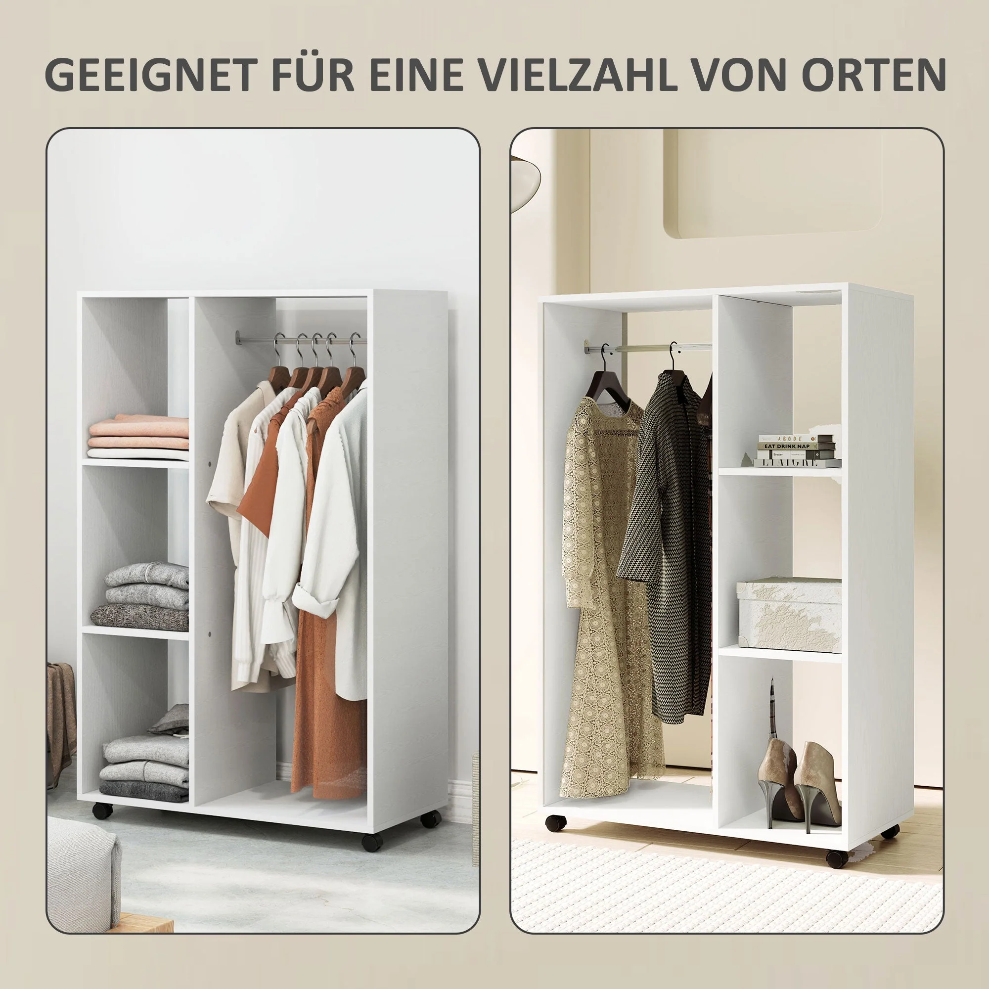 Wardrobe on Wheels, 1 Clothes Rail 3 Shelves Mobile Clothes Rack 80x40x128 cm, White - Image 4
