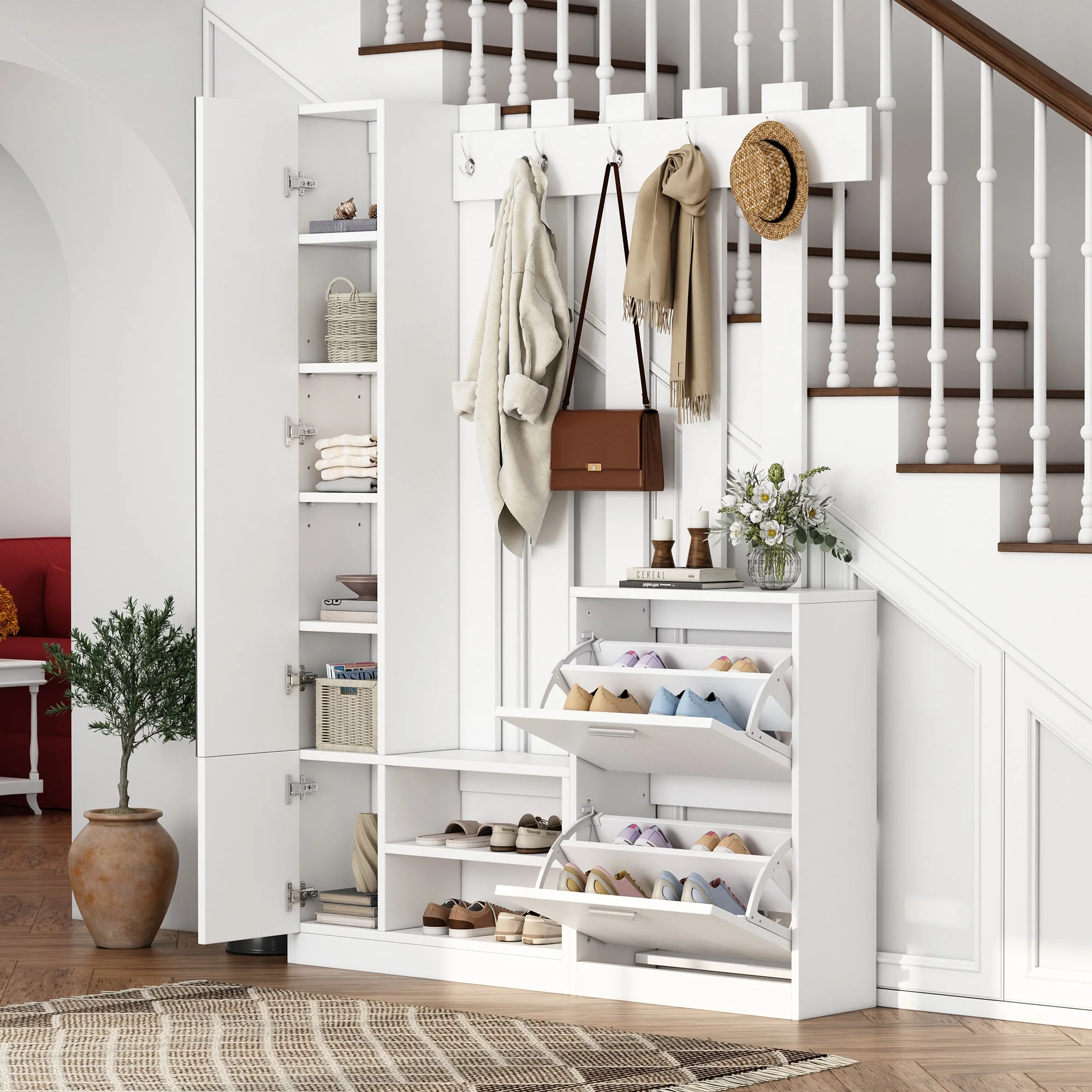 Wardrobe Set 135x25x180cm Mirror Shoe Cabinets Storage - White
