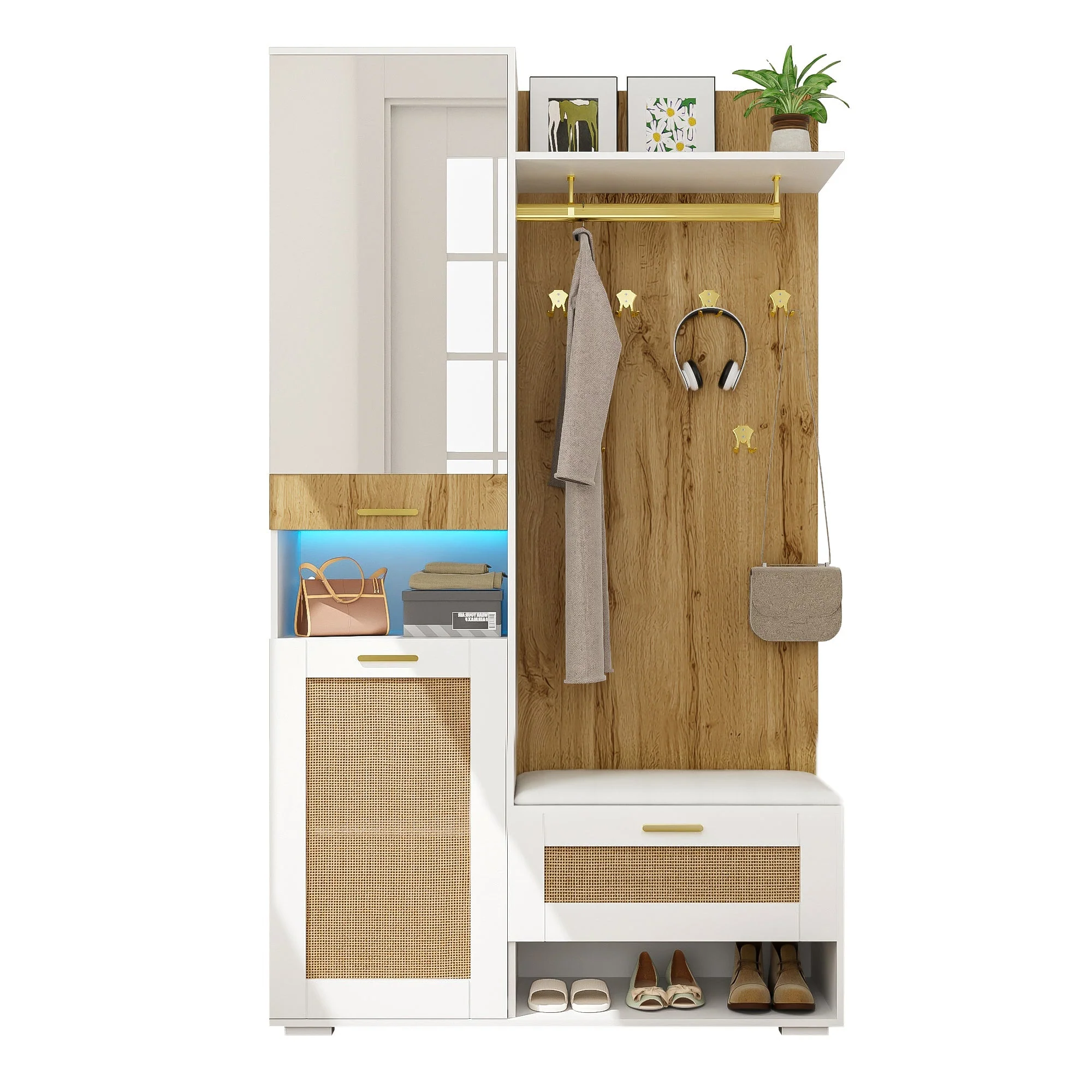 Wardrobe Set | 6-Hook Mirror Shoe Cabinet Bench | 16-Color LED Lighting - Image 2