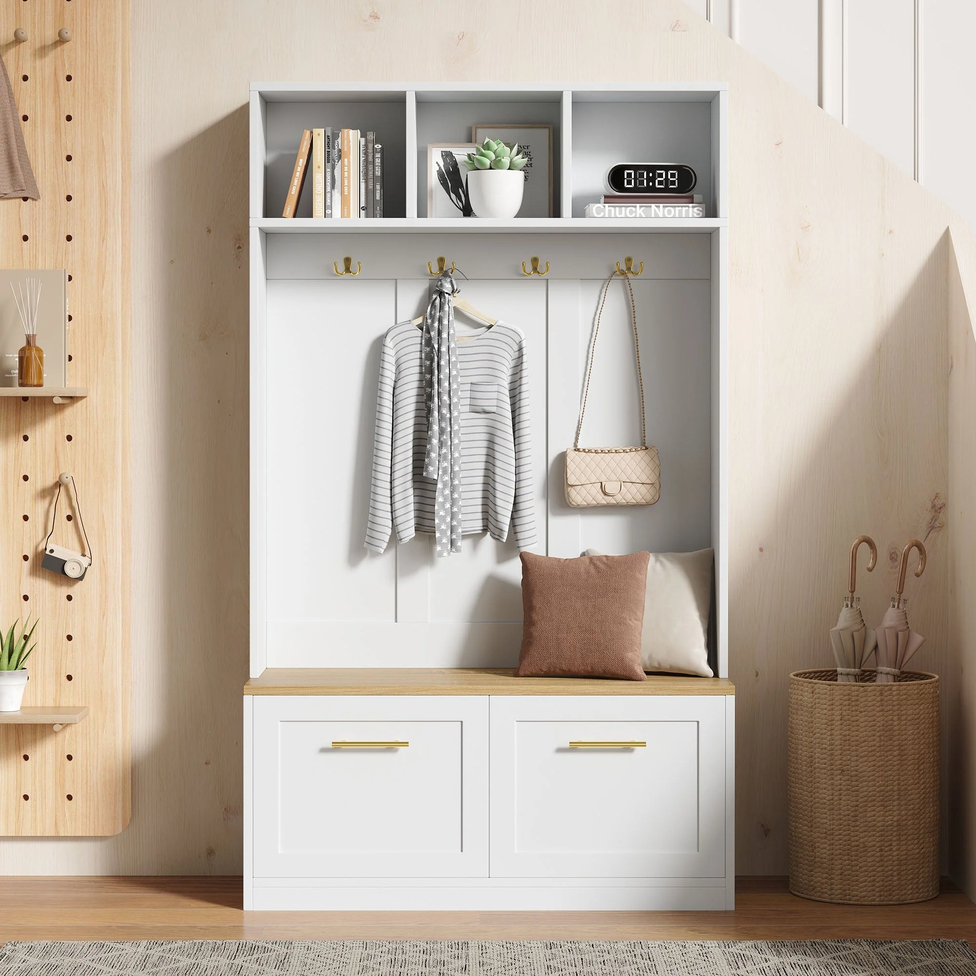 Wardrobe Set Compact Hallway Bench 2 Doors 4 Hooks natural & white - Image 4