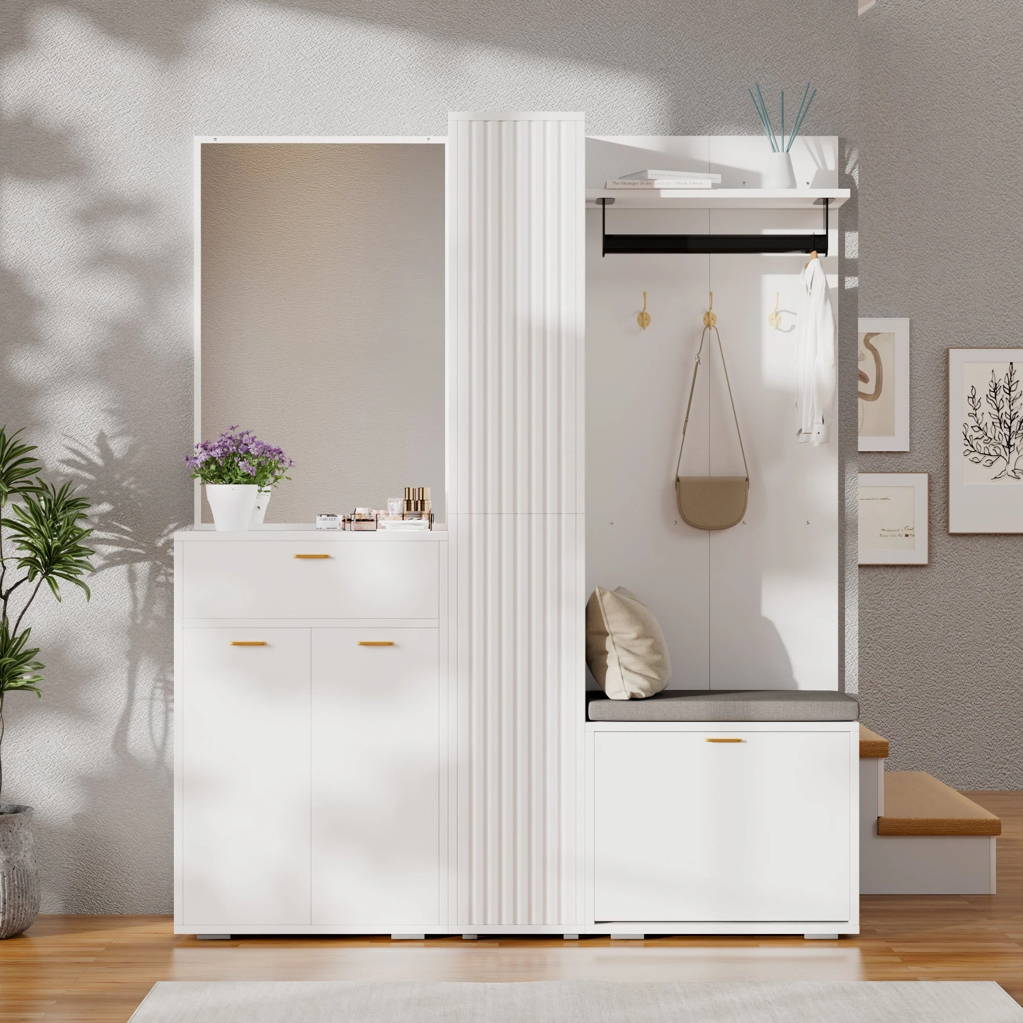 Wardrobe Set Compact Hallway Storage with Mirrored Sideboard Bench Shoe Rack 150x36x180 cm White - Image 2