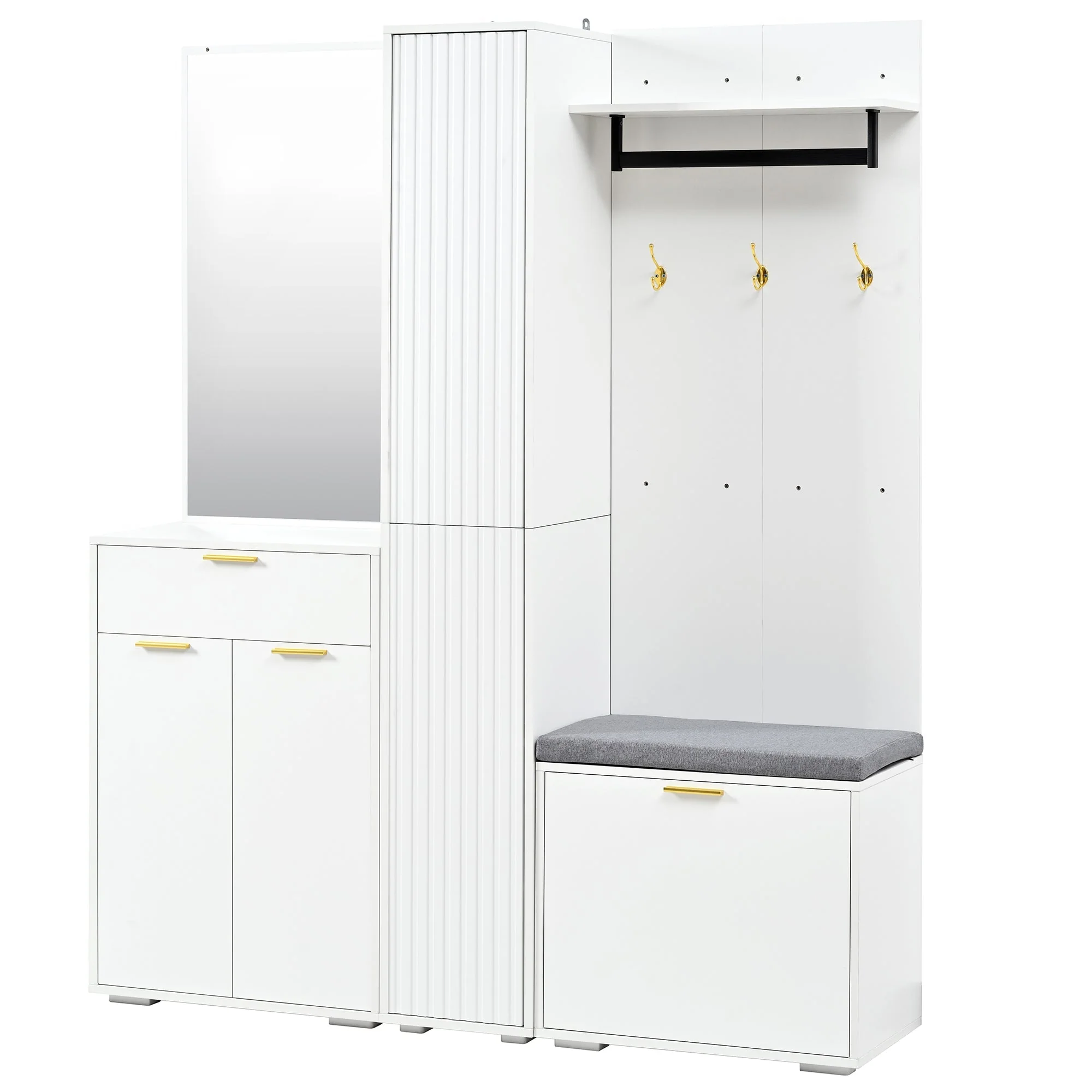 Wardrobe Set Compact Hallway Storage with Mirrored Sideboard Bench Shoe Rack 150x36x180 cm White - Image 9