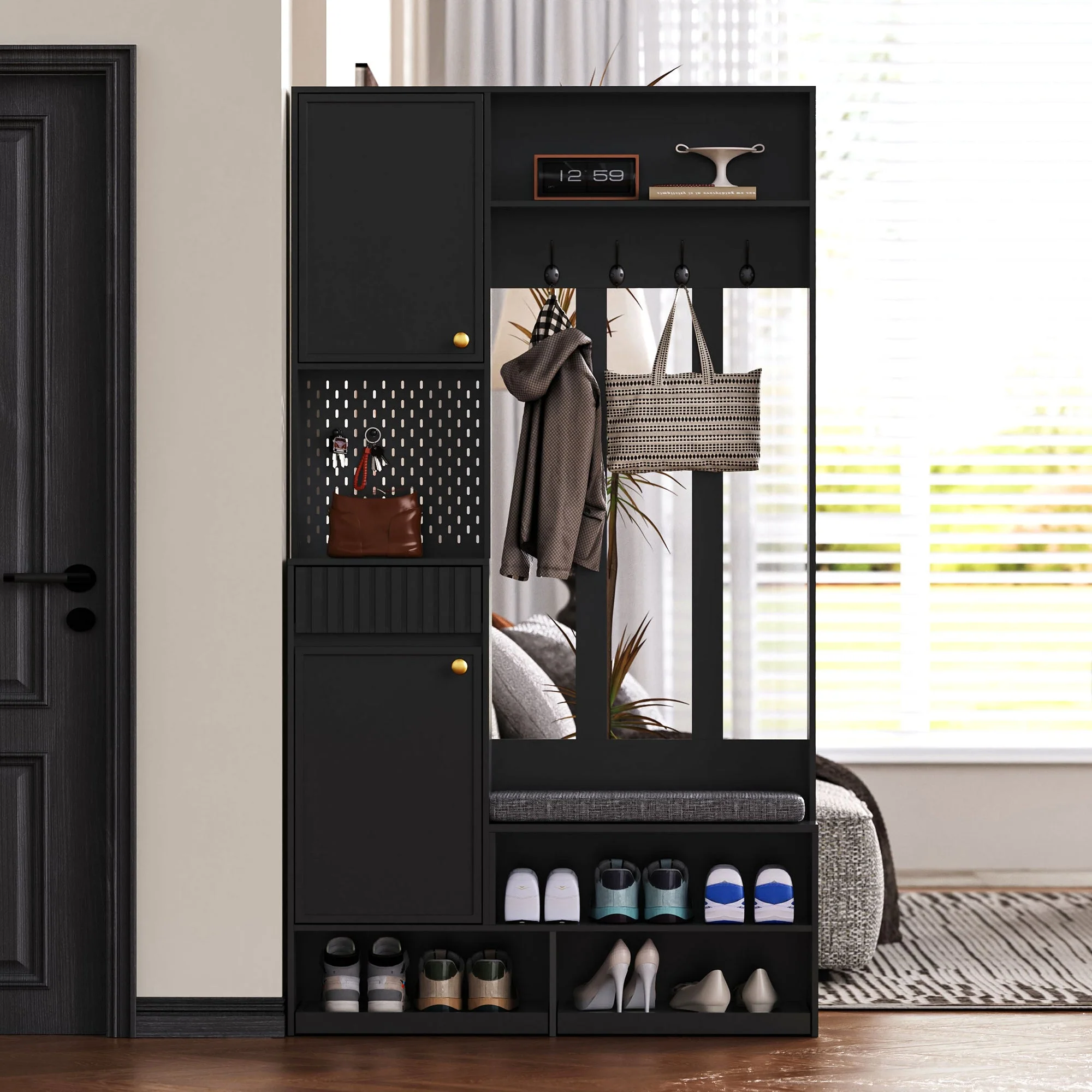 Wardrobe set complete hallway wardrobe set with bench, 4 hooks, doors & drawers - black