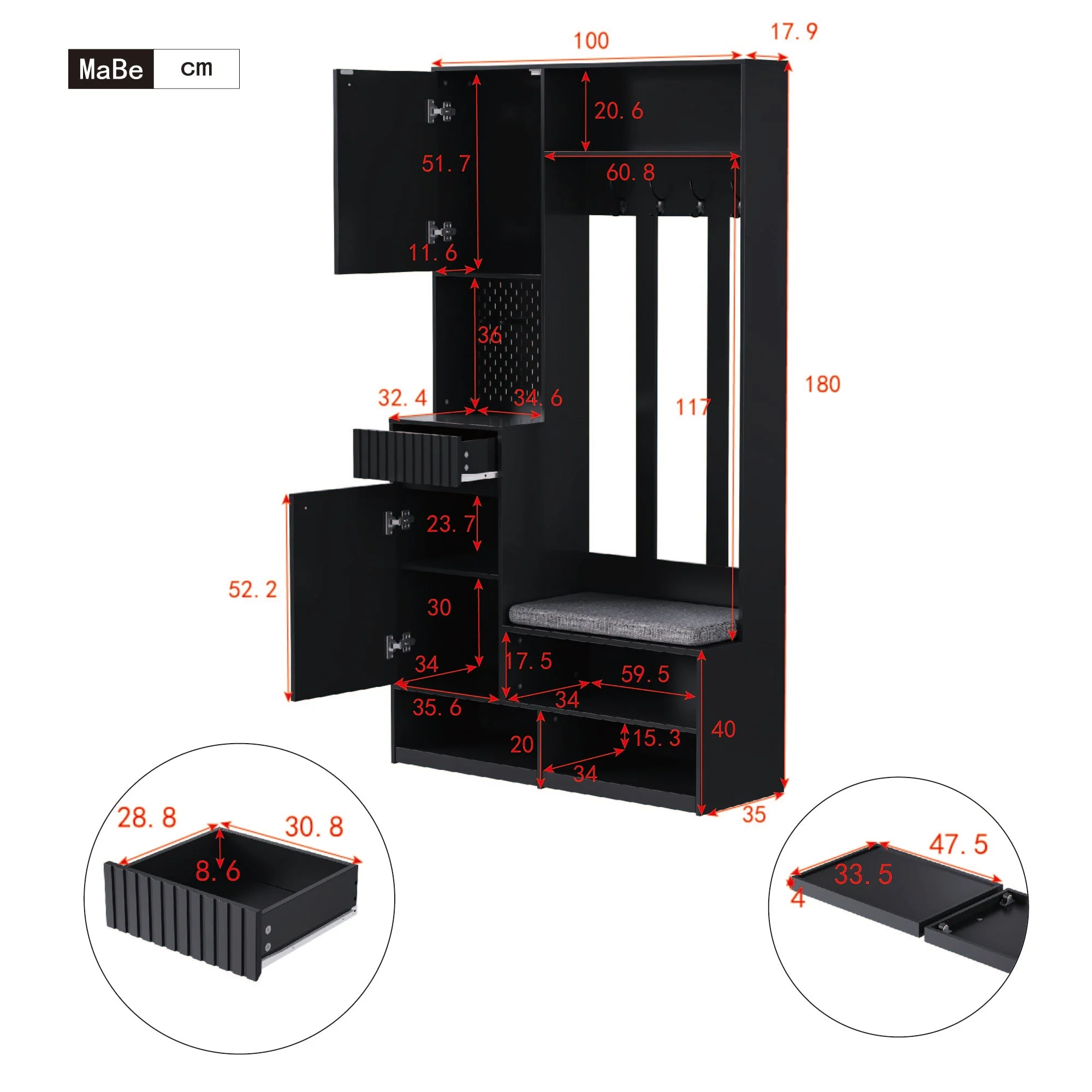 Wardrobe set complete hallway wardrobe set with bench, 4 hooks, doors & drawers - black - Image 10