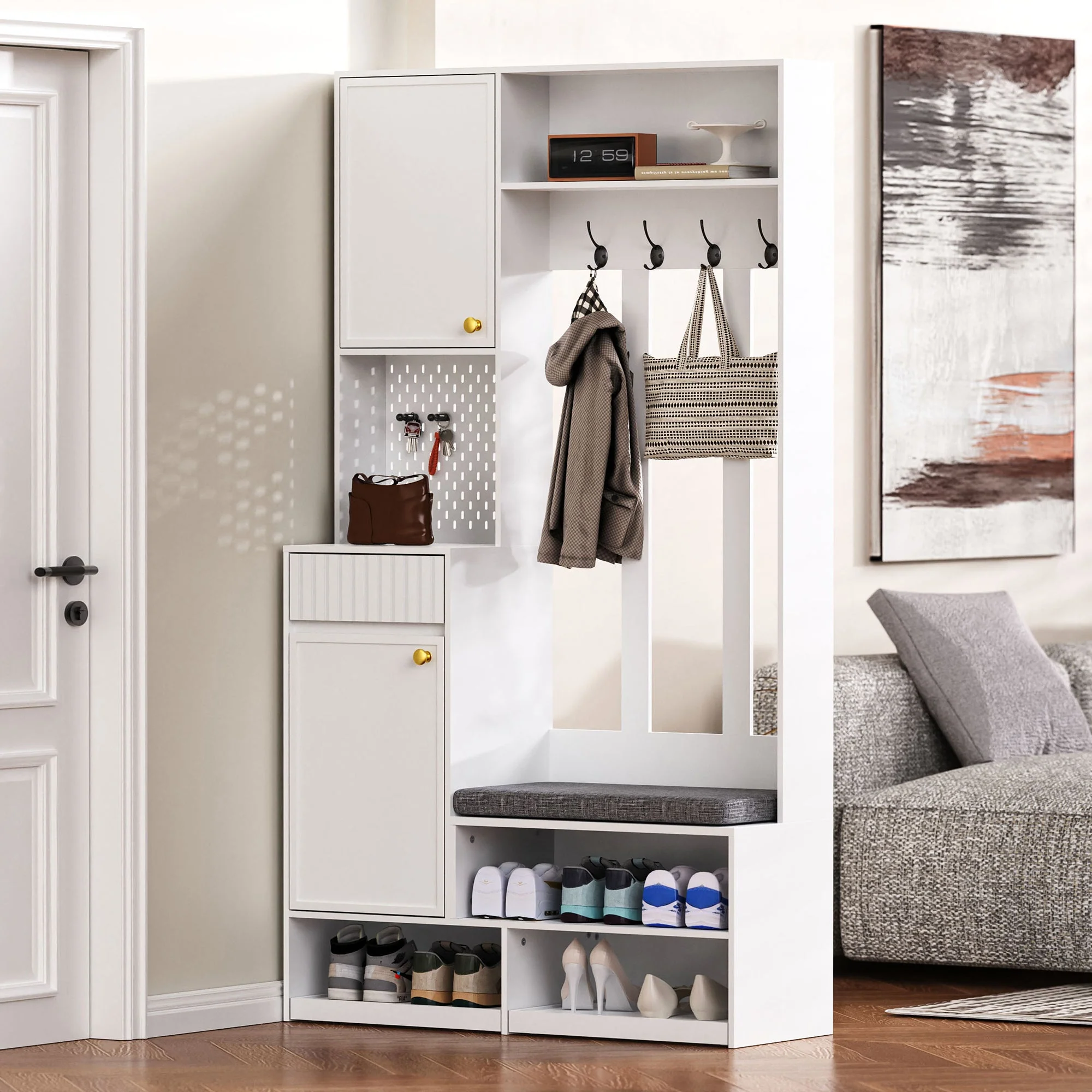 Wardrobe set, complete hallway with bench, 4 hooks, doors & drawers - white - Image 3