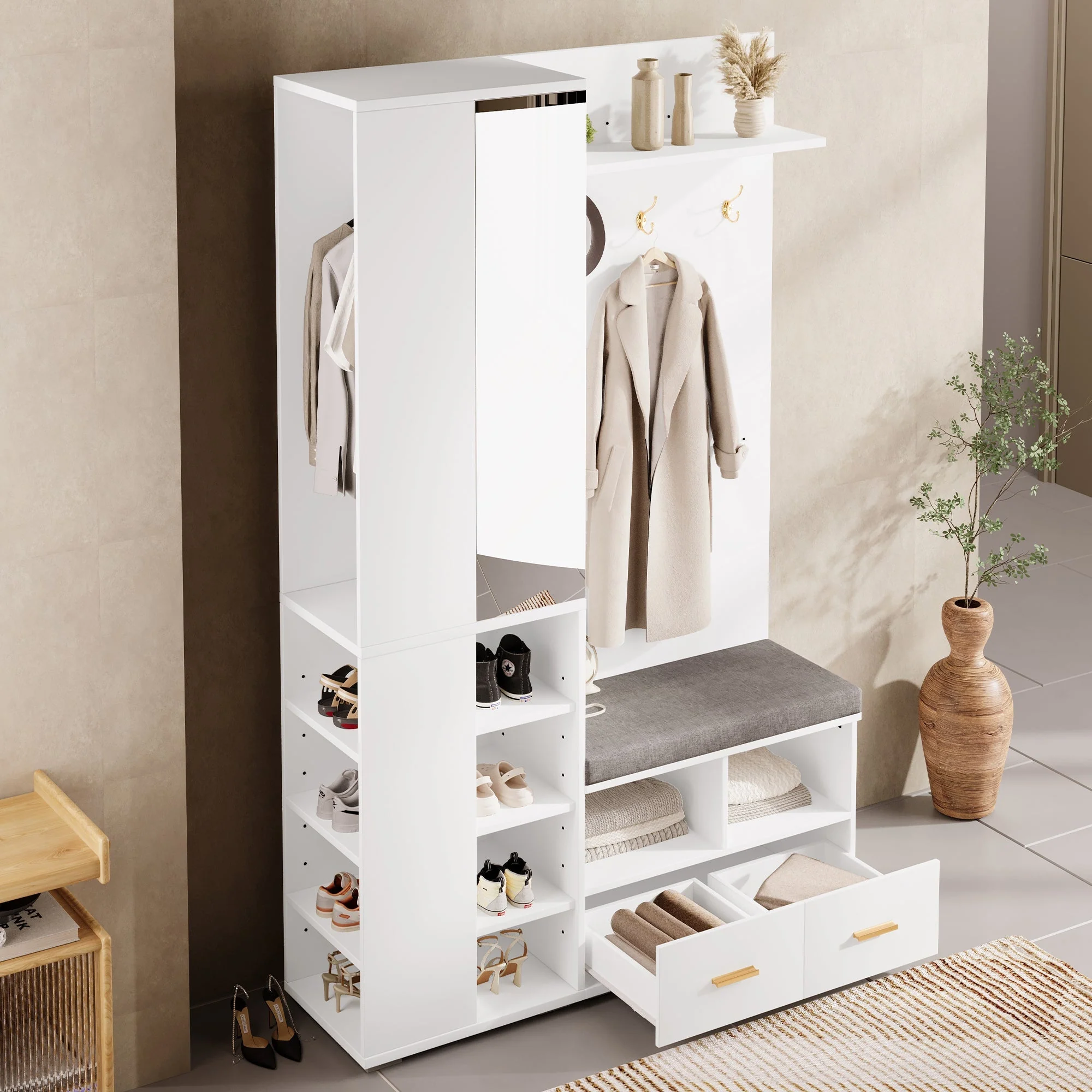 Wardrobe Set Hallway Cabinet Mirror Shoe Bench Clothes Rail 2 Drawers White - Image 5