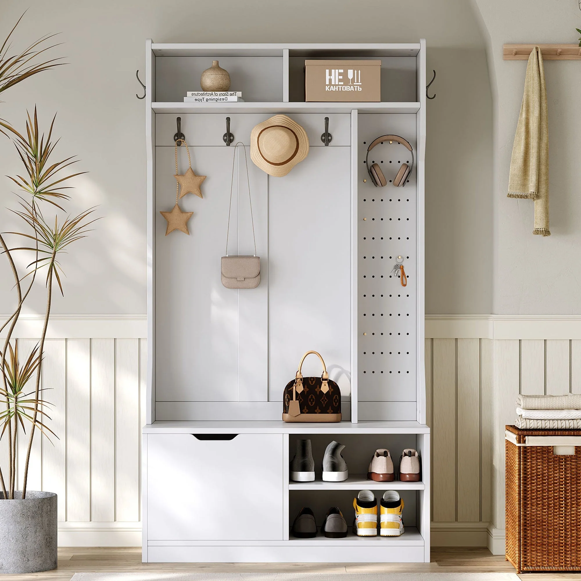 Wardrobe Set Hallway with Bench 6 Hooks 1 Door 4 Storage - White - Image 4