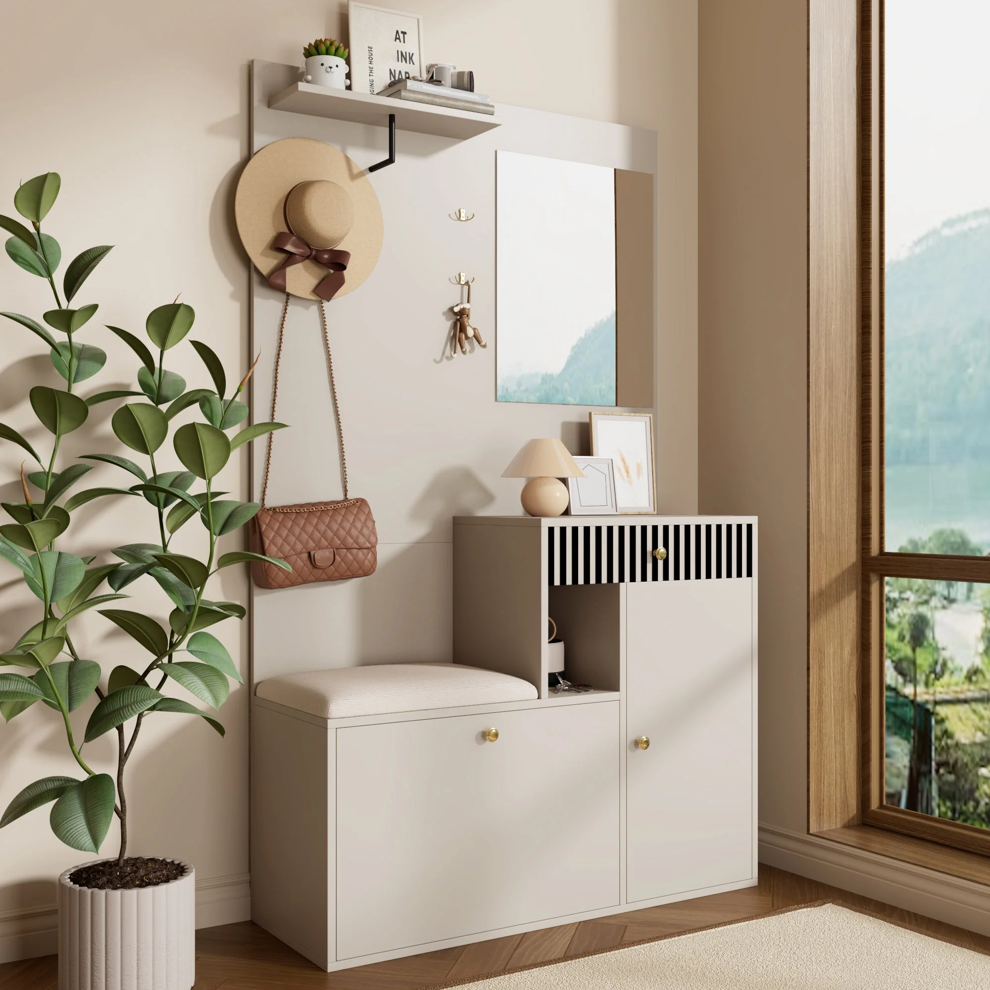 Wardrobe Set, Hallway with Mirror & Cushions, Shoe Cabinet, 110 x 185.5 x 37 cm, Compact - Image 10