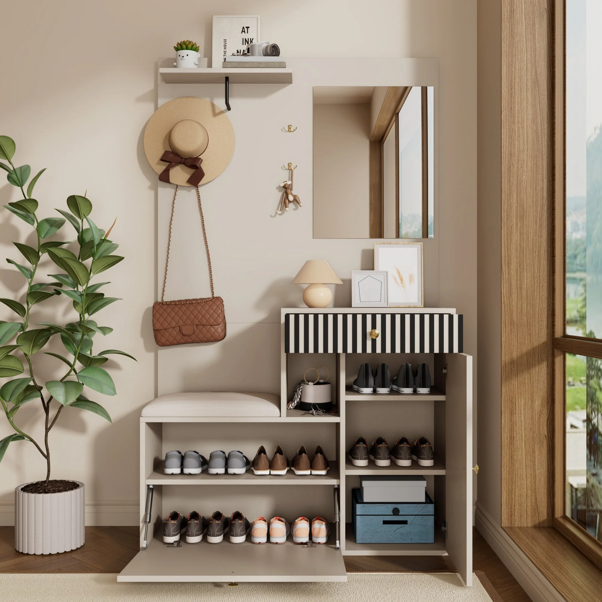 Wardrobe Set, Hallway with Mirror & Cushions, Shoe Cabinet, 110 x 185.5 x 37 cm, Compact - Image 8