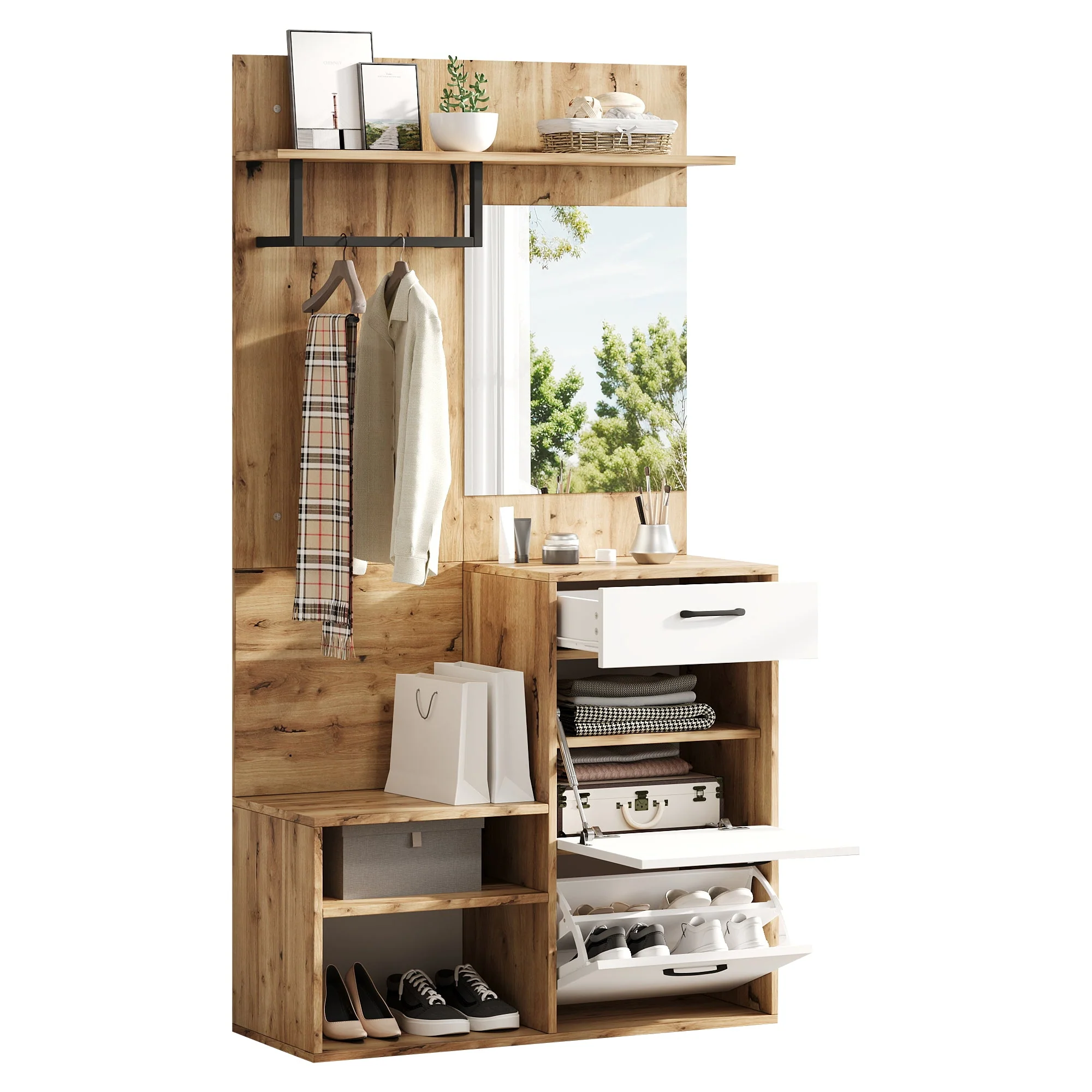 Wardrobe Set, Mirror, Shoe Bench, 1 Drawer, 2 Cabinets, White Wood - Image 2
