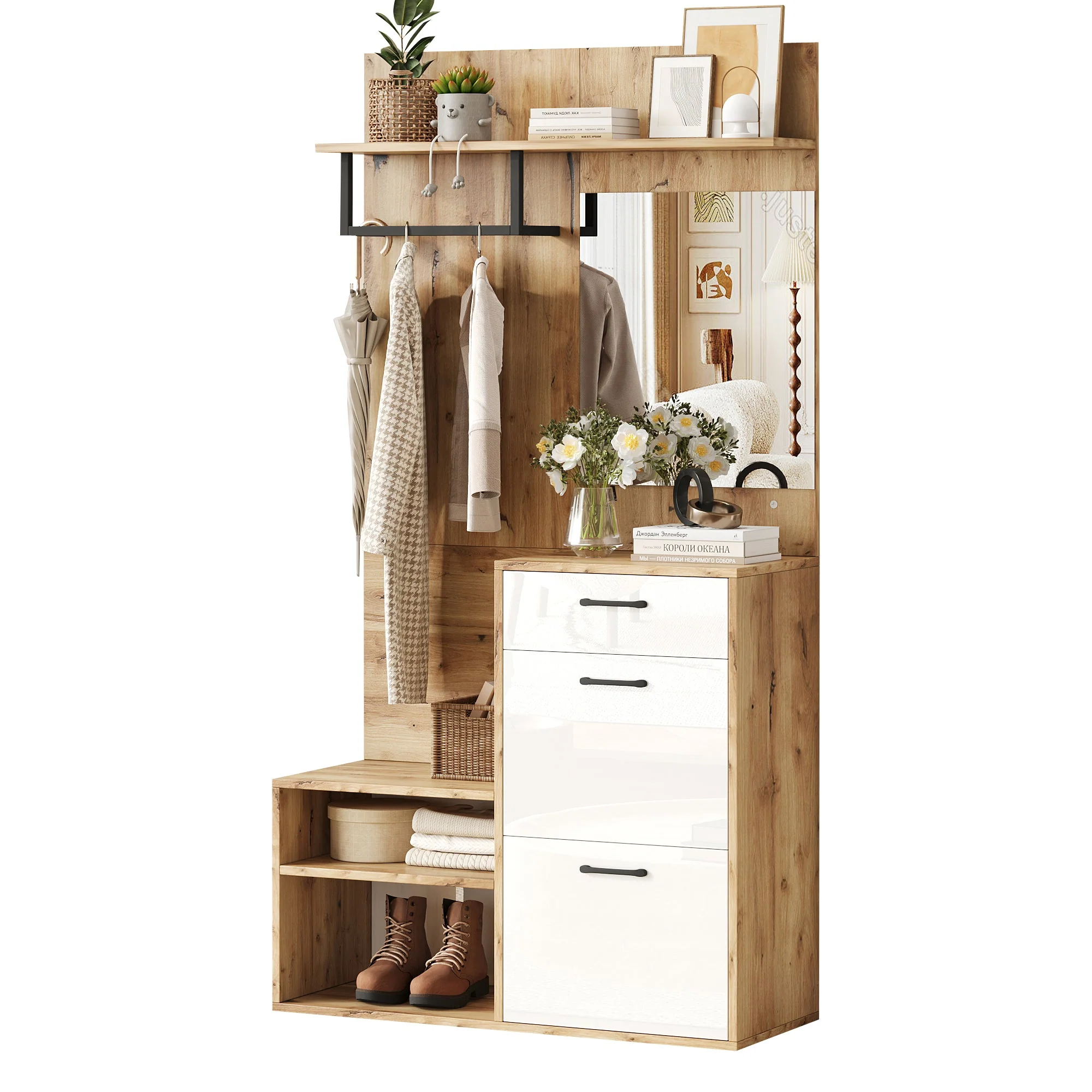 Wardrobe Set, Mirror, Shoe Bench, 1 Drawer, 2 Cabinets, White Wood - Image 7