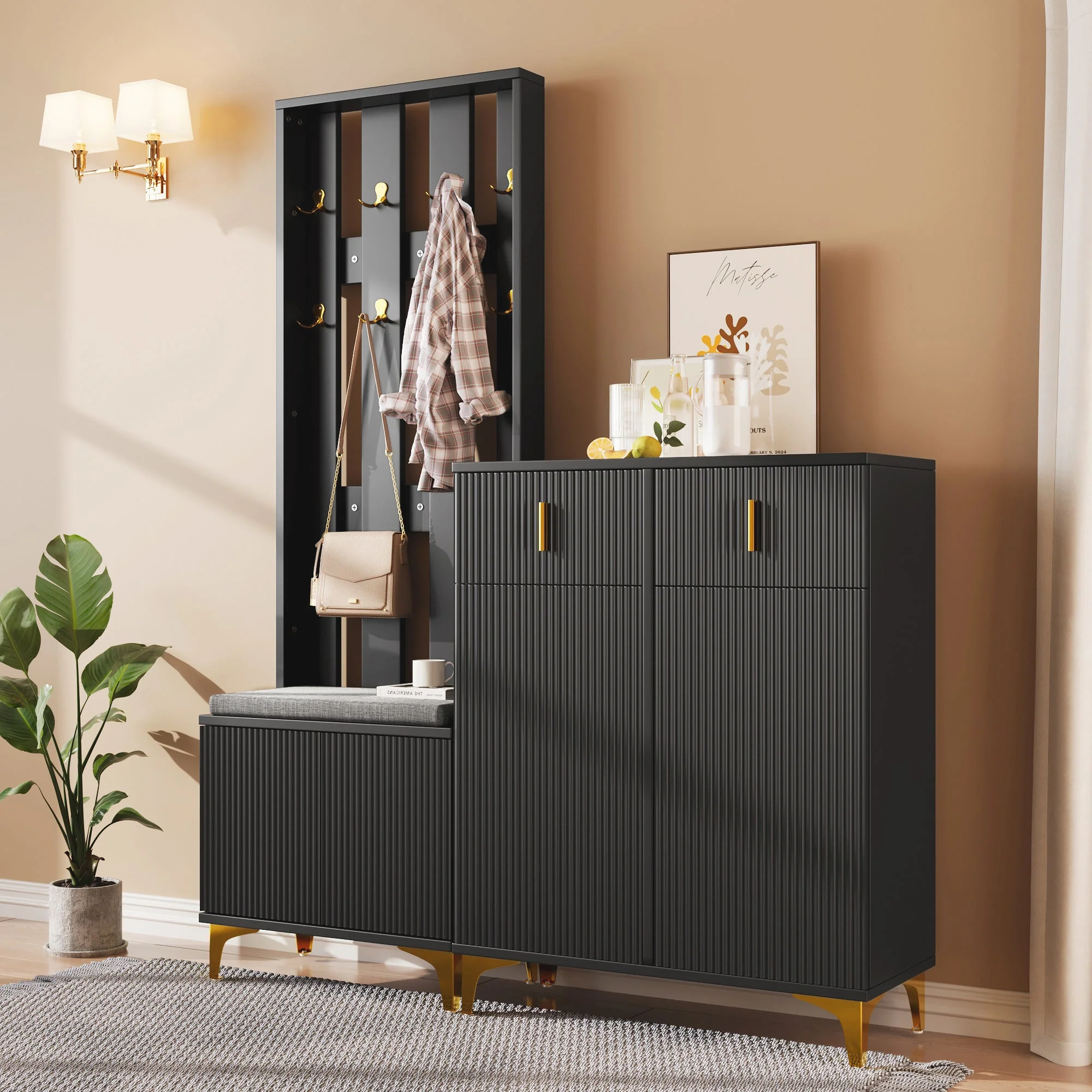 Wardrobe Set, Shoe Bench, Hooks, Drawers & Doors, Black Particleboard - Image 4