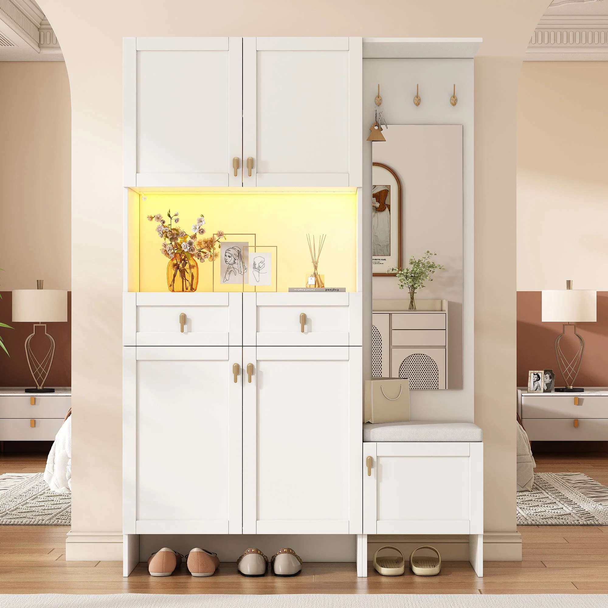 Wardrobe Set Shoe Bench Shoe Cabinet Mirror Storage - White - Image 5