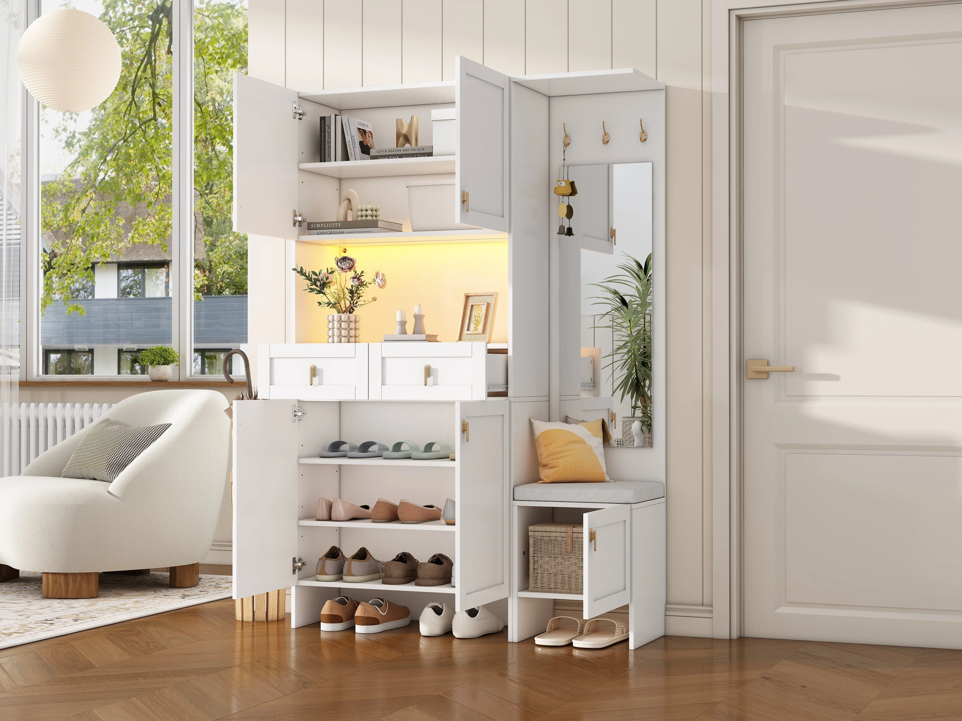 Wardrobe Set Shoe Bench Shoe Cabinet Mirror Storage - White - Image 8