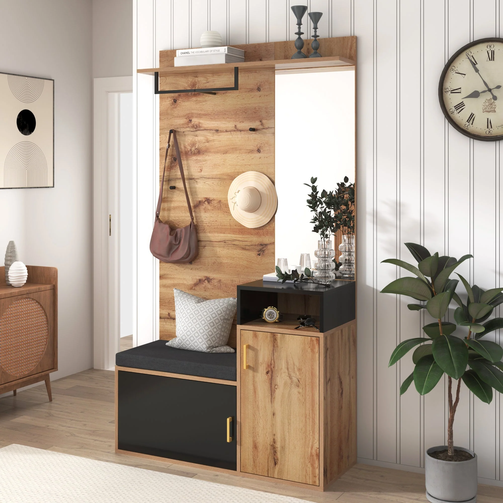 Wardrobe Set with 4 Coat Hooks, Mirror & Shoe Cabinet - Image 4