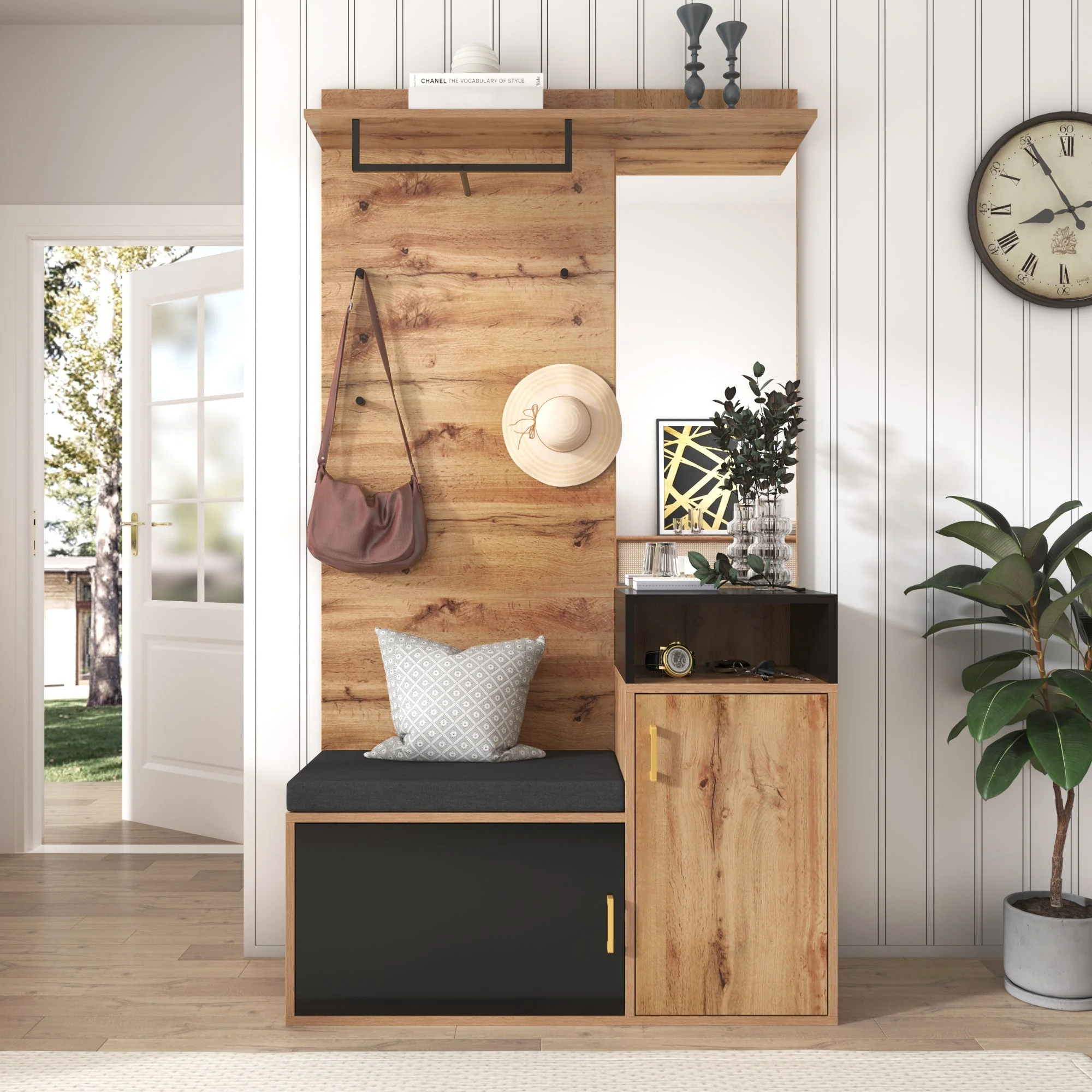 Wardrobe Set with 4 Coat Hooks, Mirror & Shoe Cabinet - Image 5