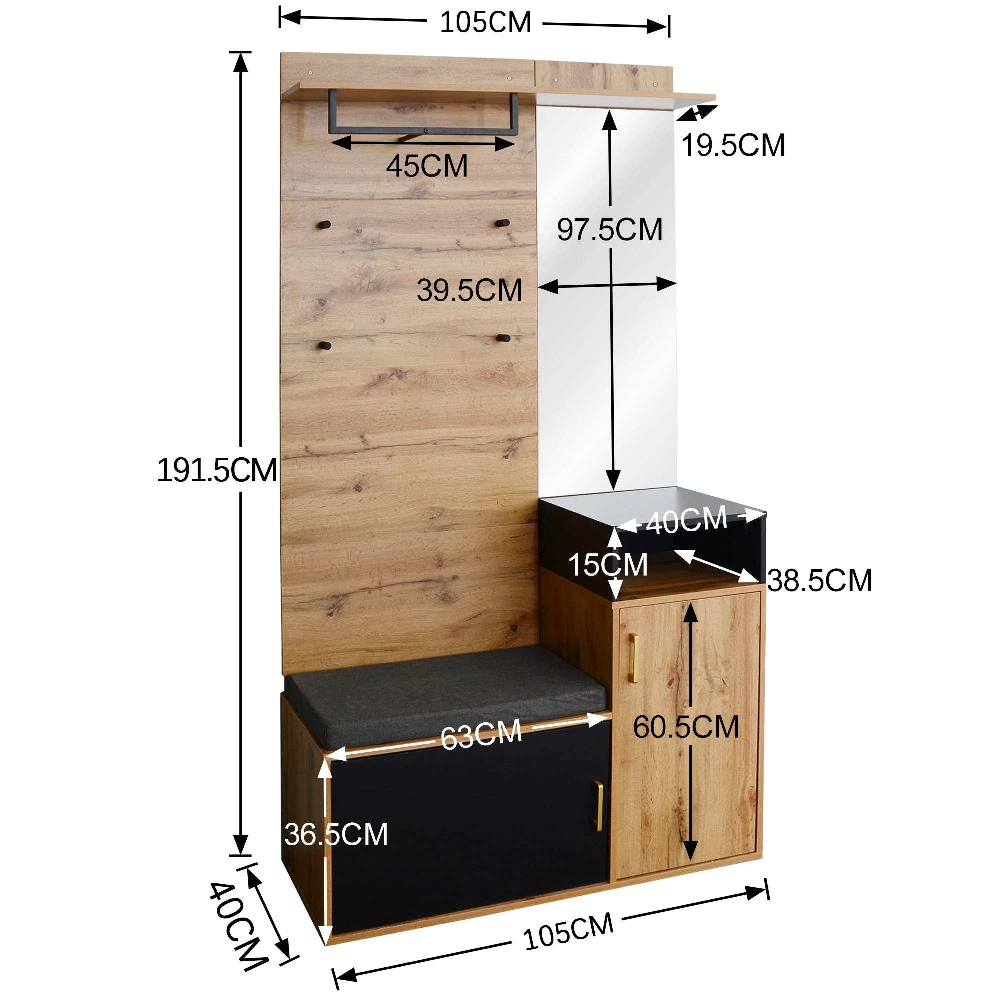 Wardrobe Set with 4 Coat Hooks, Mirror & Shoe Cabinet - Image 6