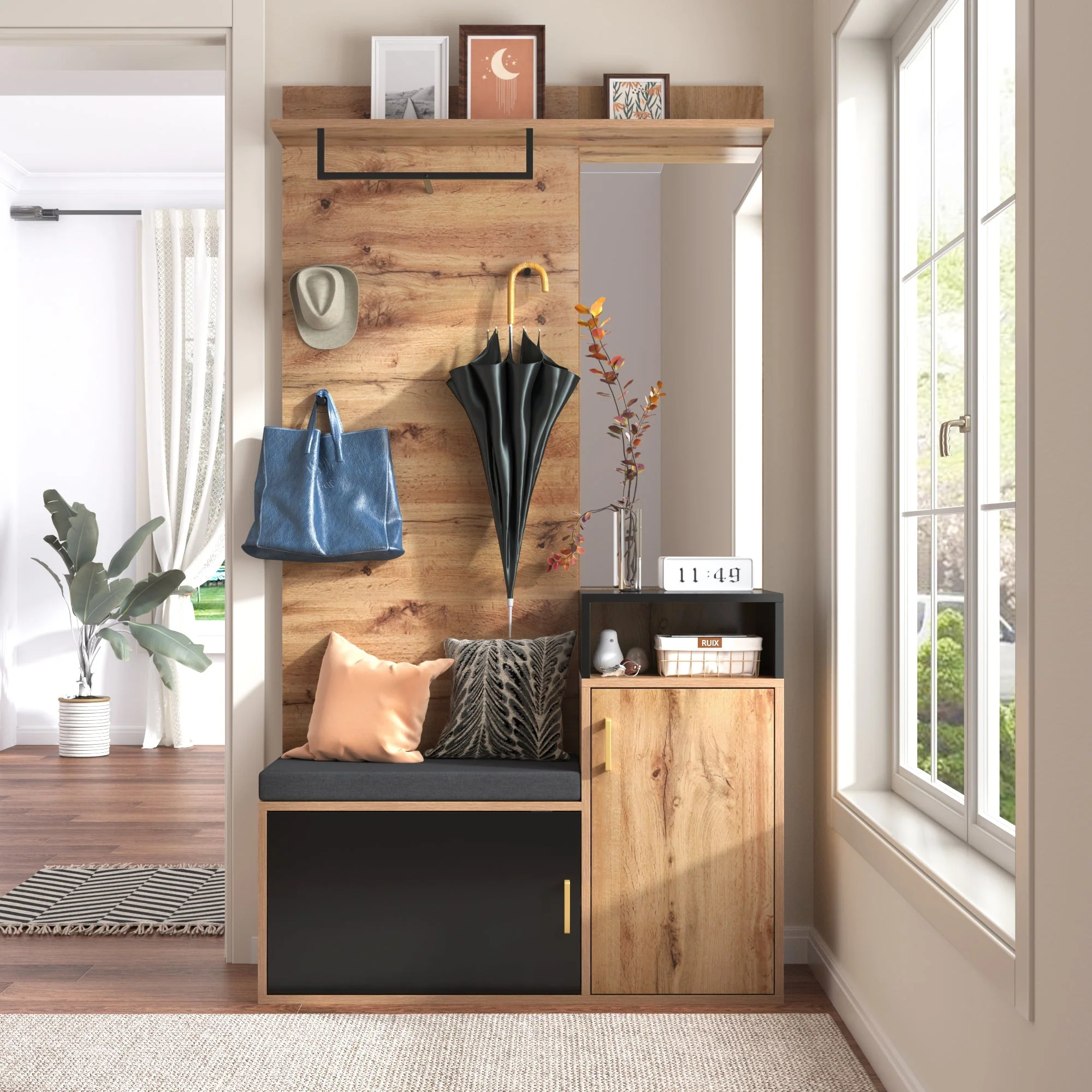 Wardrobe Set, with 4 coat hooks, mirror, shoe cabinet, wall-mounted coat rack, upper storage shelf, hallway wardrobe with bench seat.