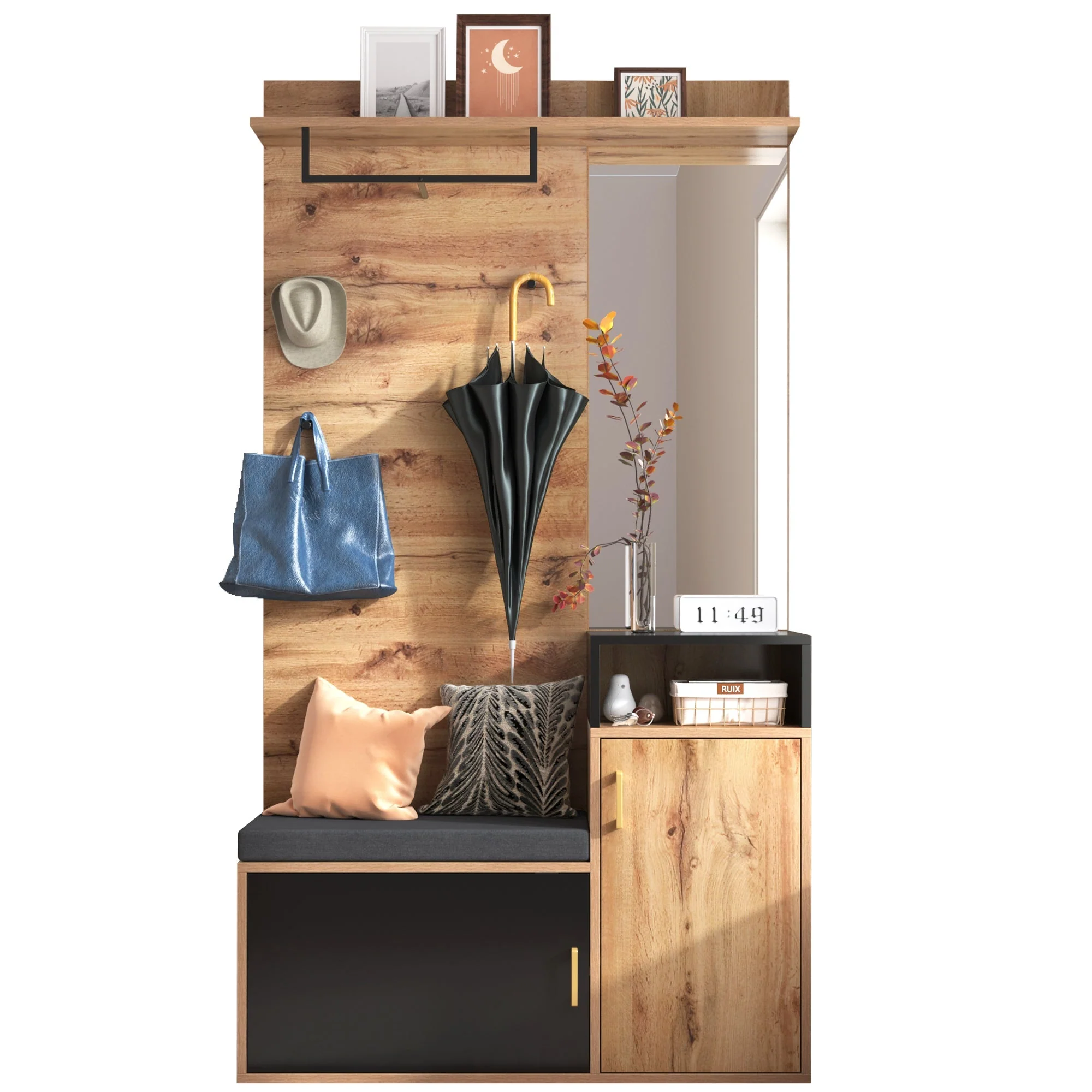 Wardrobe Set, with 4 coat hooks, mirror, shoe cabinet, wall-mounted coat rack, upper storage shelf, hallway wardrobe with bench seat. - Image 2