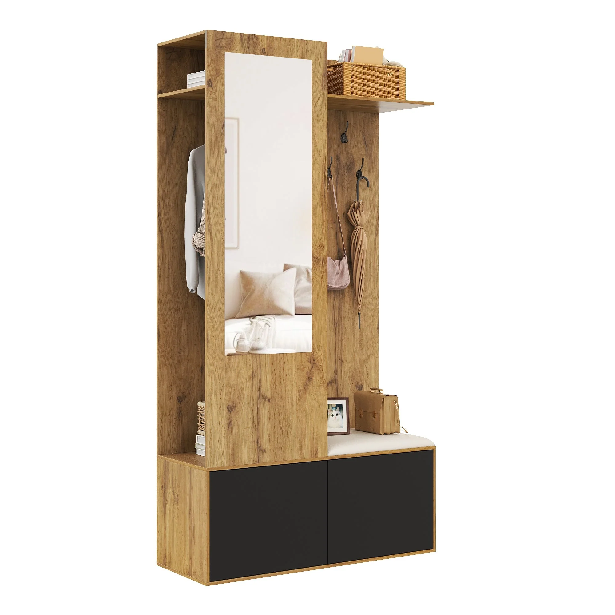 Wardrobe Set with 5 Hooks, Mirror, Shoe Cabinet, Hidden Hanging Area, Hall Bench - Image 2
