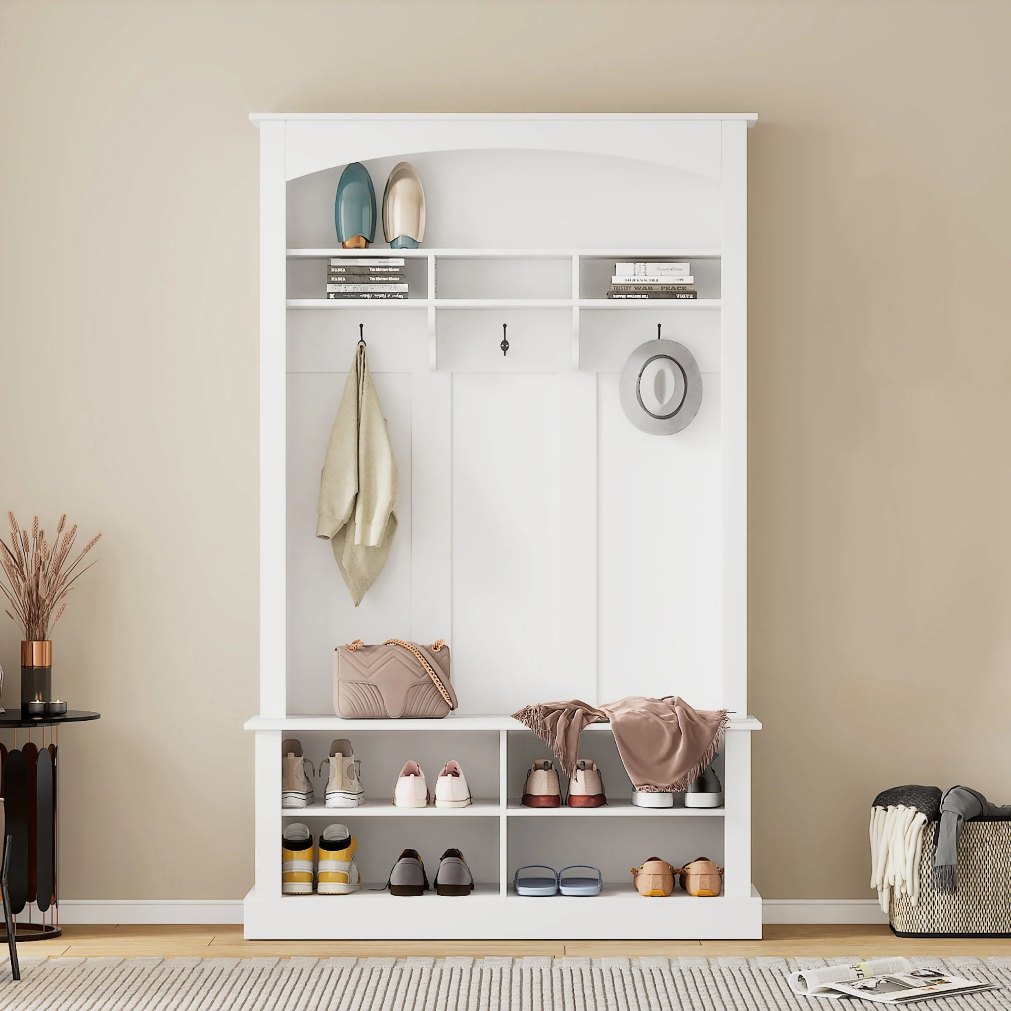 Wardrobe set with bench and shoe rack, multifunctional, storage, white - Image 2