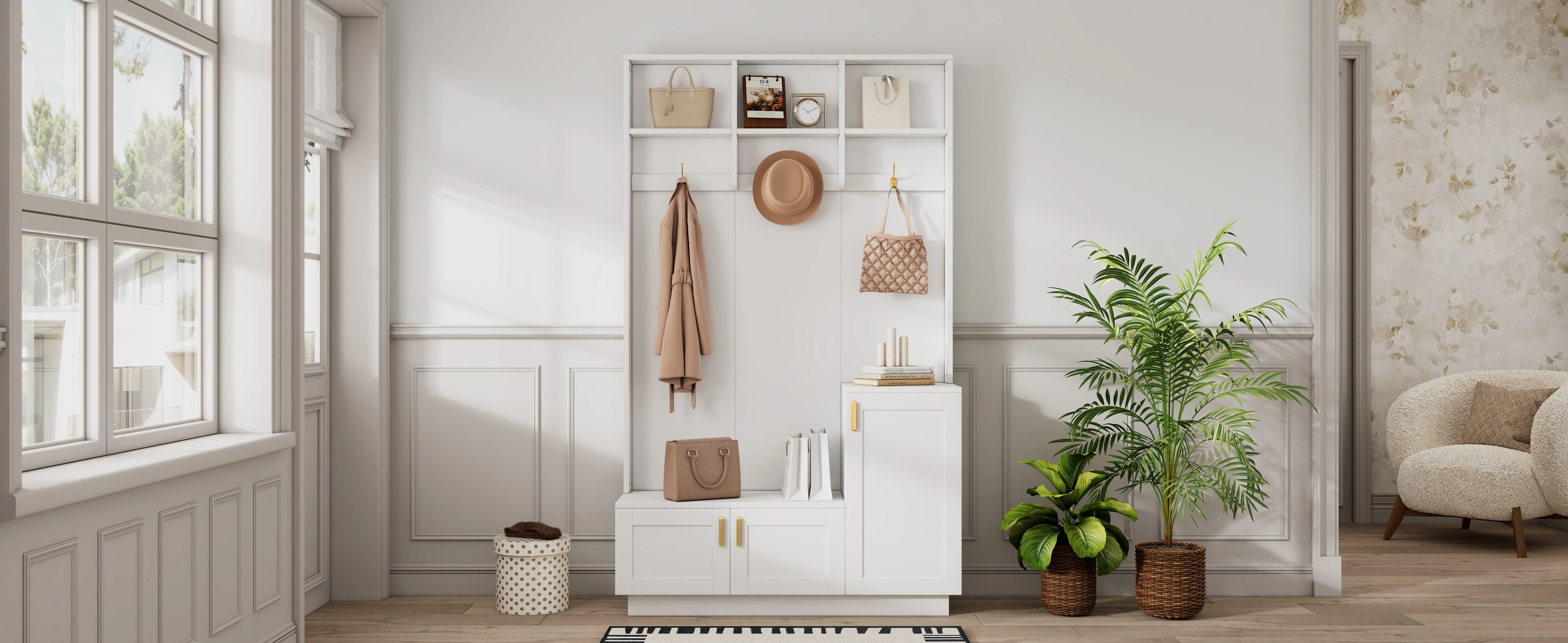 Wardrobe Set with Bench & Shoe Rack, Multifunctional Storage, White - Image 3
