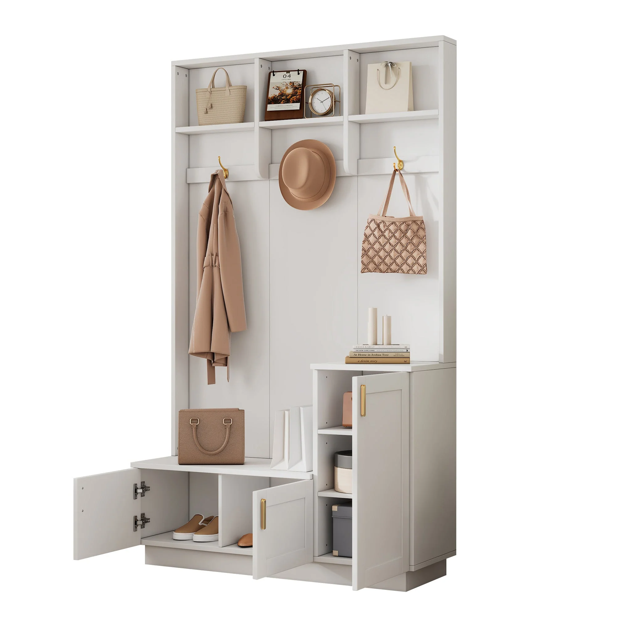 Wardrobe Set with Bench & Shoe Rack, Multifunctional Storage, White - Image 5