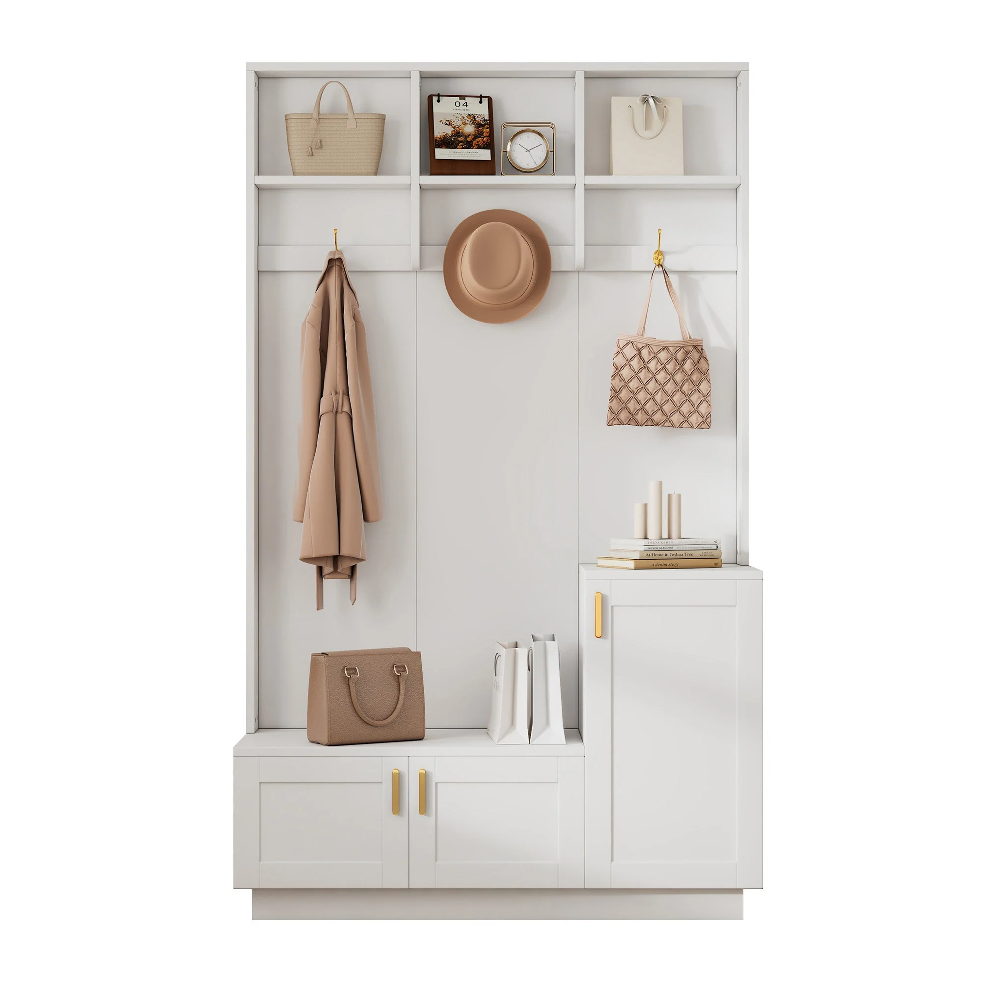 Wardrobe Set with Bench & Shoe Rack, Multifunctional Storage, White - Image 6